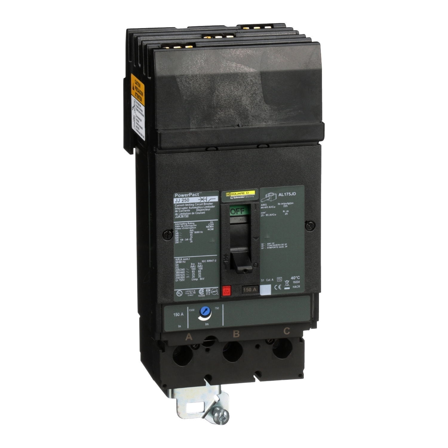 Circuit breaker, PowerPacT J, 150A, 3 pole, 600VAC, 25kA, I-Line, thermal magnetic, 80%, ABC