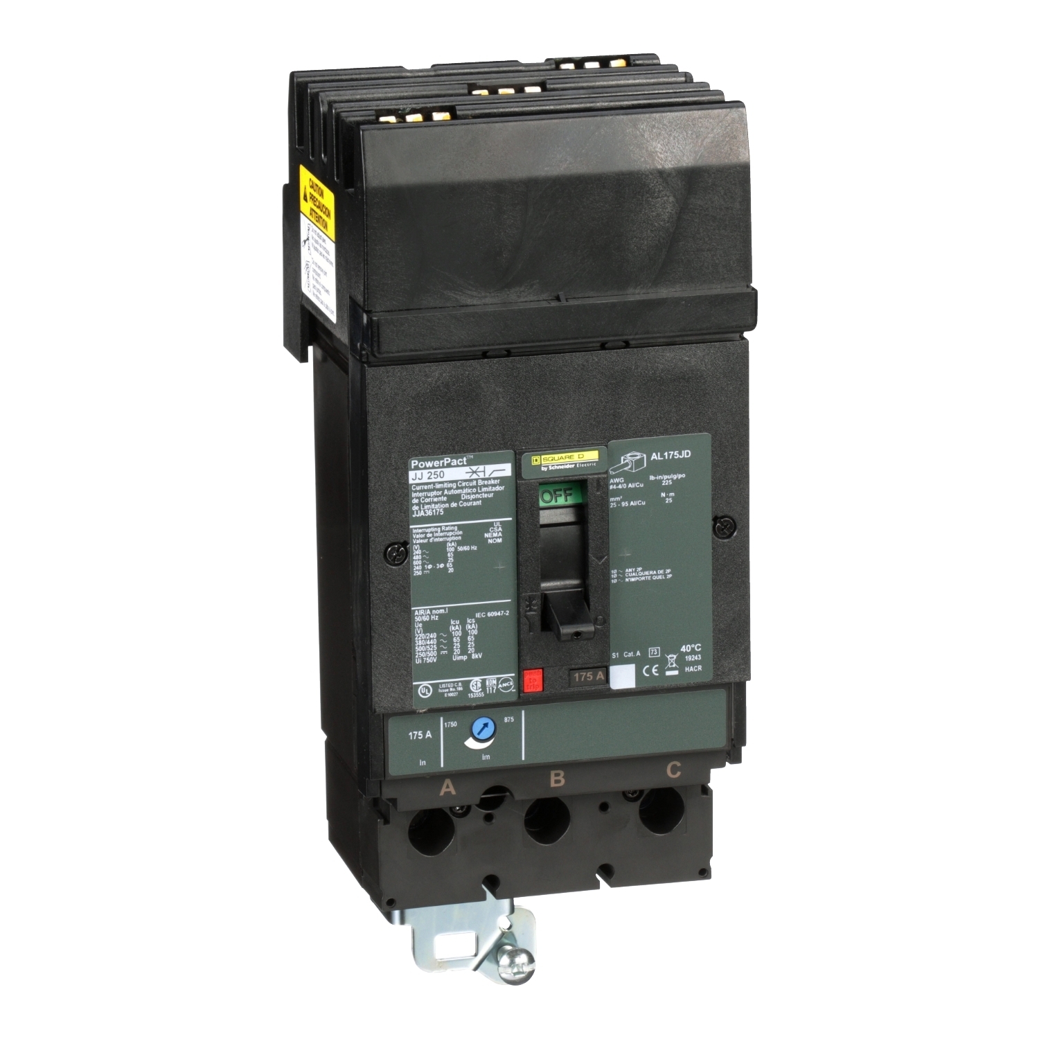 Circuit breaker, PowerPacT J, 175A, 3 pole, 600VAC, 25kA, I-Line, thermal magnetic, 80%, ABC