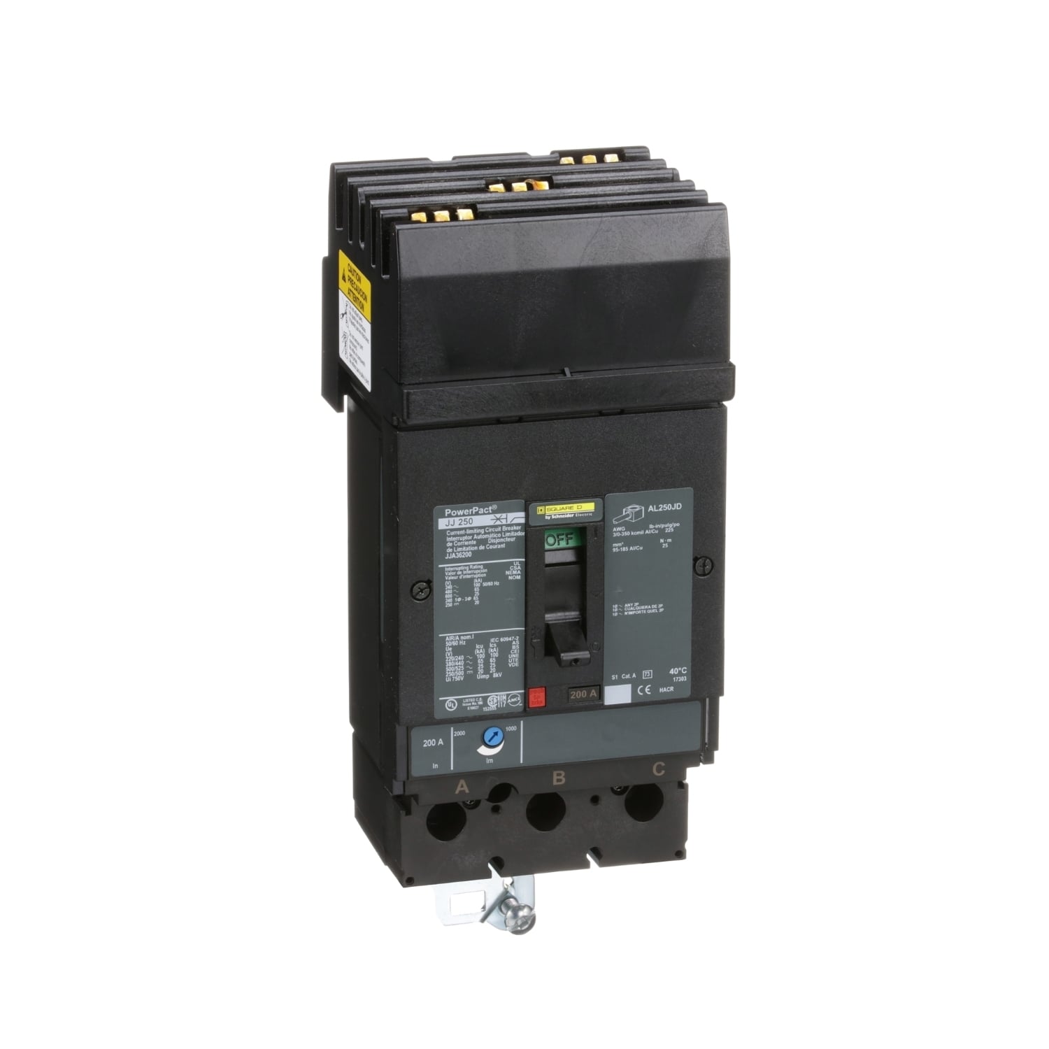 Circuit breaker, PowerPacT J, 200A, 3 pole, 600VAC, 25kA, I-Line, thermal magnetic, 80%, ABC