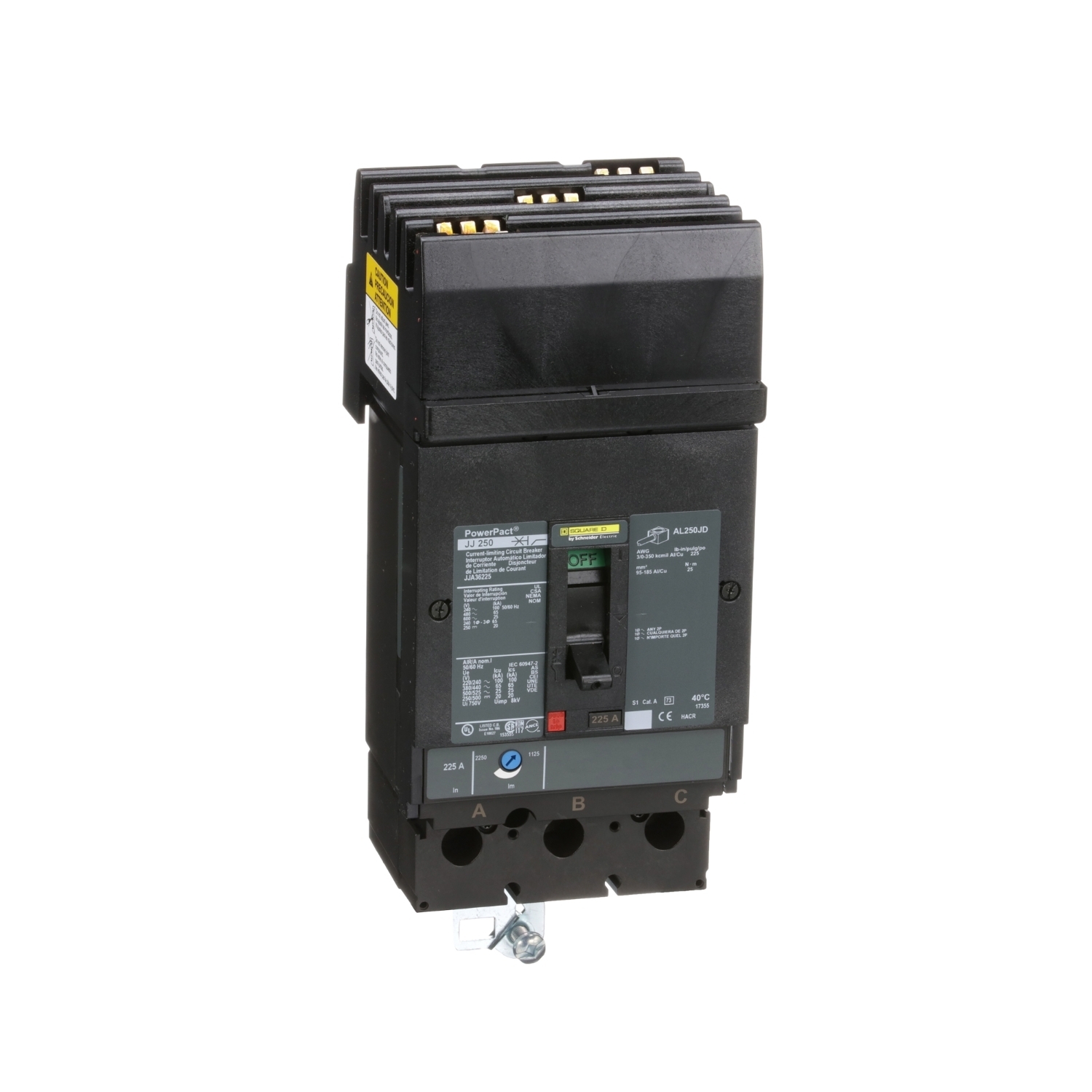 Circuit breaker, PowerPacT J, 225A, 3 pole, 600VAC, 25kA, I-Line, thermal magnetic, 80%, ABC