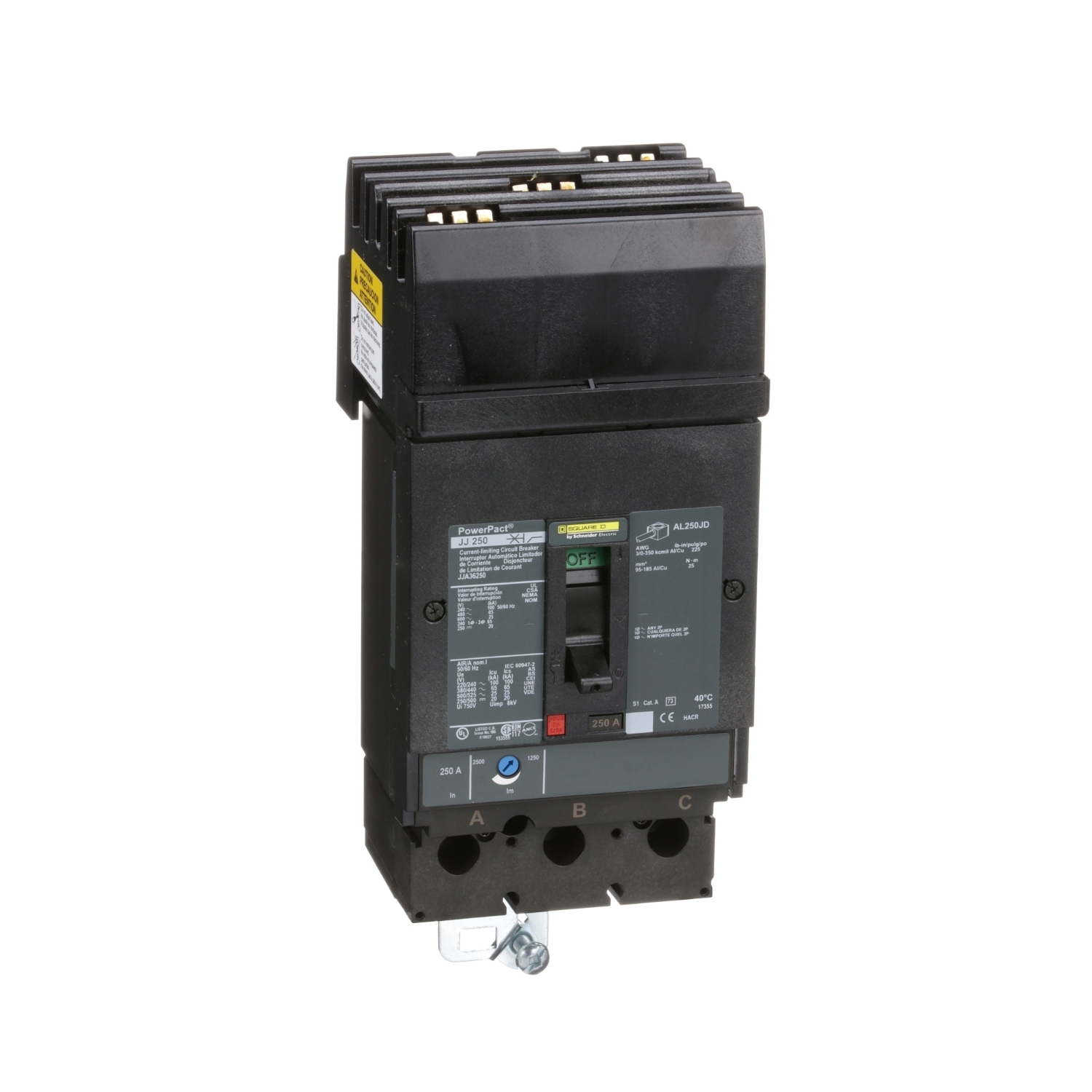 Circuit breaker, PowerPacT J, 250A, 3 pole, 600VAC, 25kA, I-Line, thermal magnetic, 80%, ABC