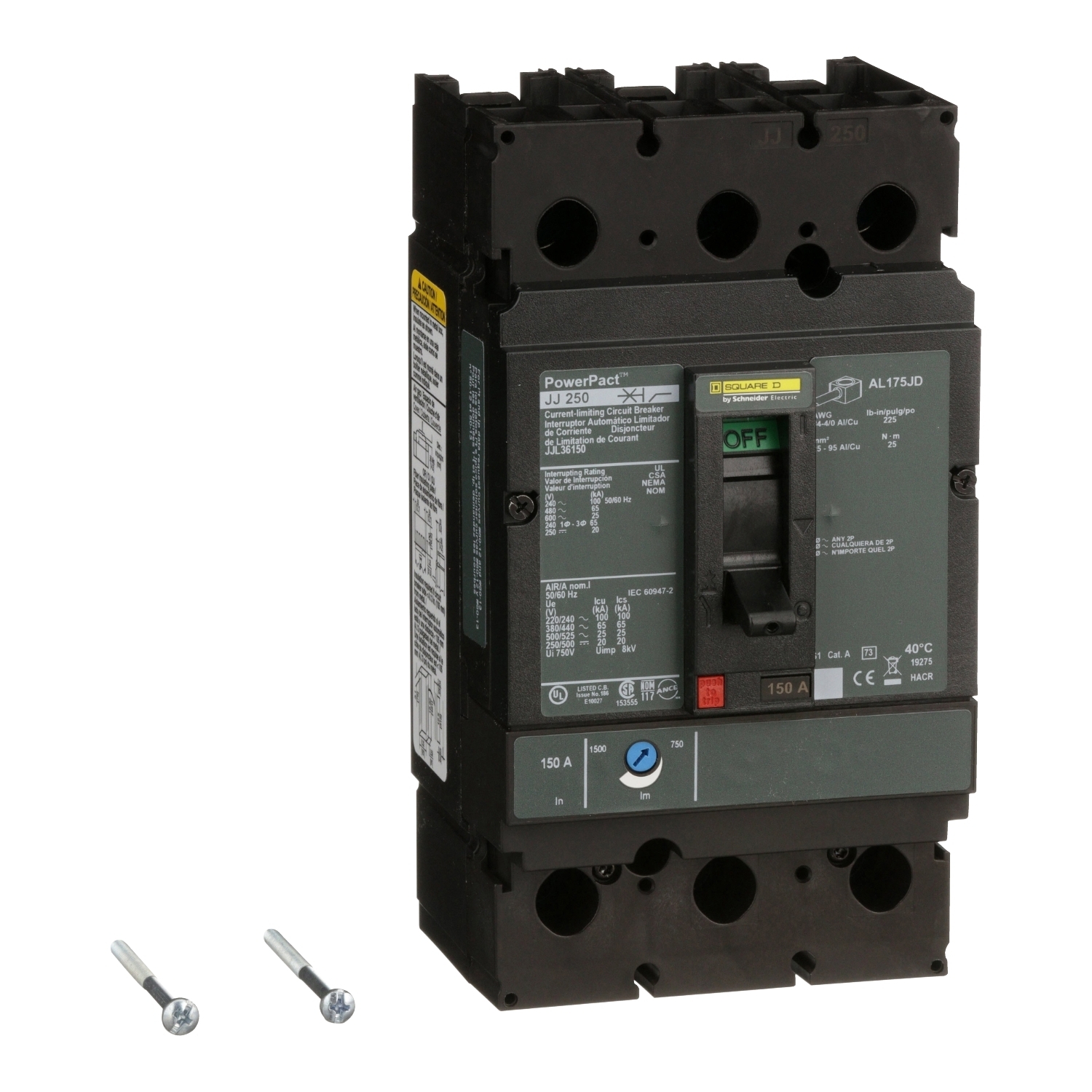 Circuit breaker, PowerPacT J, 150A, 3 pole, 600VAC, 25kA, lugs, thermal magnetic, 80%