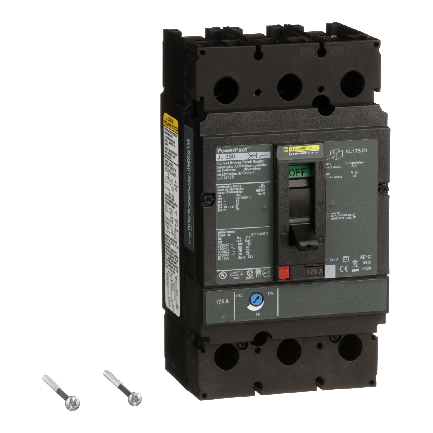 Circuit breaker, PowerPacT J, 175A, 3 pole, 600VAC, 25kA, lugs, thermal magnetic, 80%
