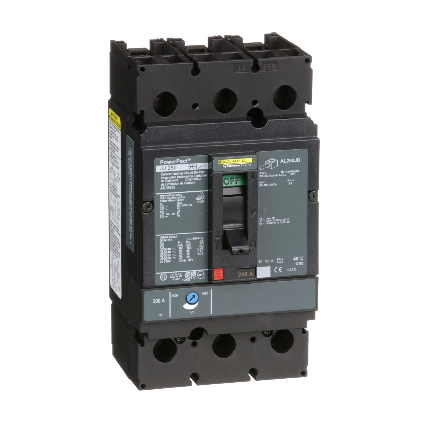 Circuit breaker, PowerPacT J, 200A, 3 pole, 600VAC, 25kA, lugs, thermal magnetic, 80%