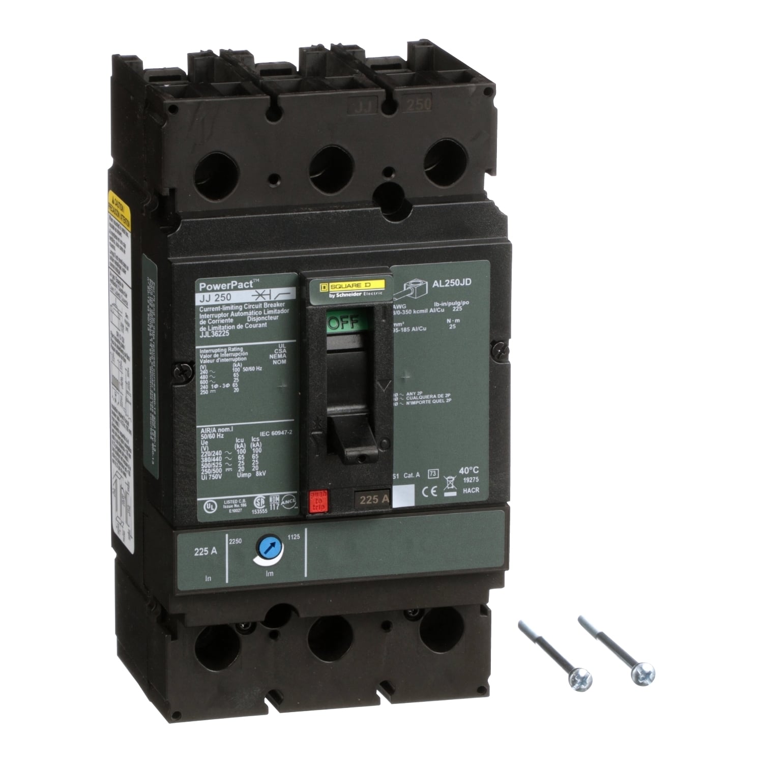 Circuit breaker, PowerPacT J, 225A, 3 pole, 600VAC, 25kA, lugs, thermal magnetic, 80%