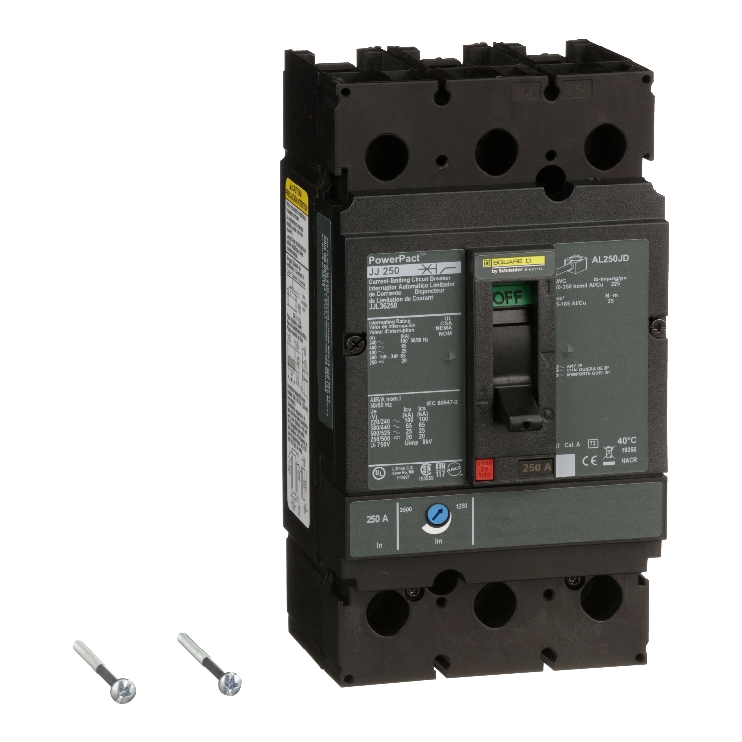 Circuit breaker, PowerPacT J, 250A, 3 pole, 600VAC, 25kA, lugs, thermal magnetic, 80%