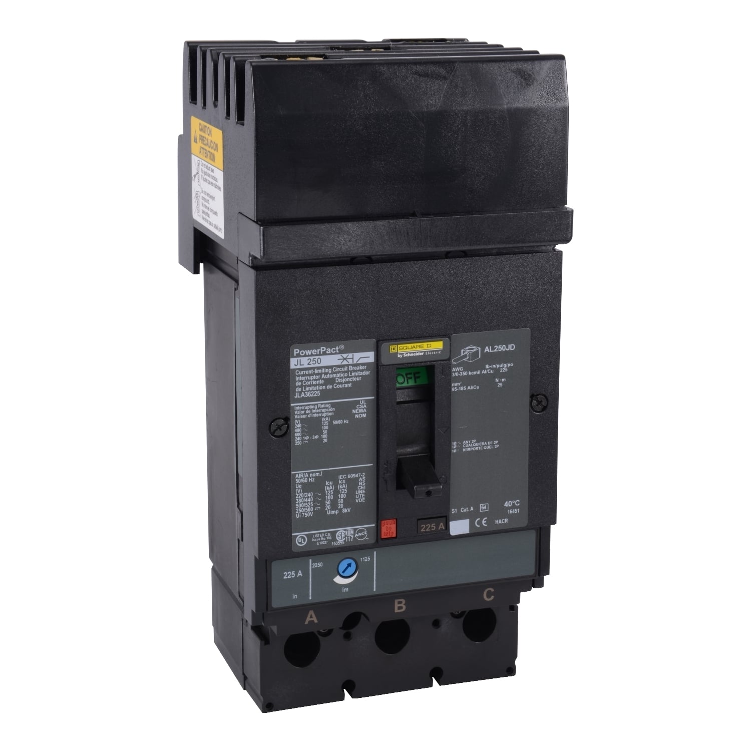 Circuit breaker, PowerPacT J, 175A, 3 pole, 600VAC, 50kA, I-Line, thermal magnetic, 80%, ABC