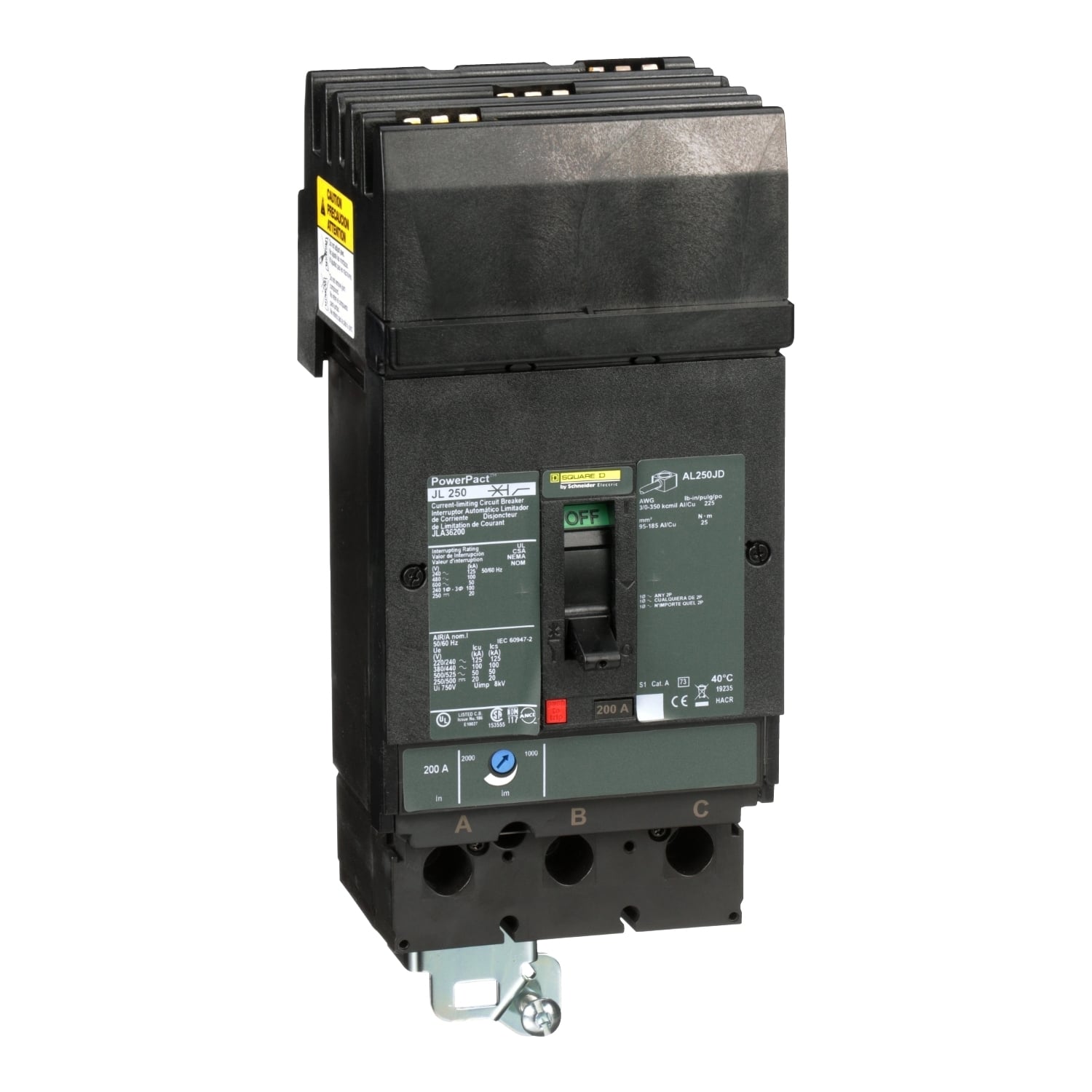 Circuit breaker, PowerPacT J, 200A, 3 pole, 600VAC, 50kA, I-Line, thermal magnetic, 80%, ABC
