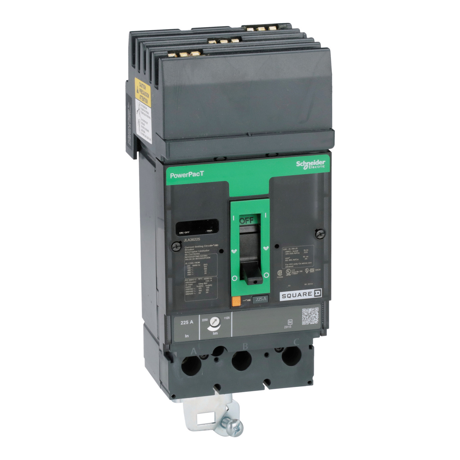 Circuit breaker, PowerPacT J, 225A, 3 pole, 600VAC, 50kA, I-Line, thermal magnetic, 80%, ABC