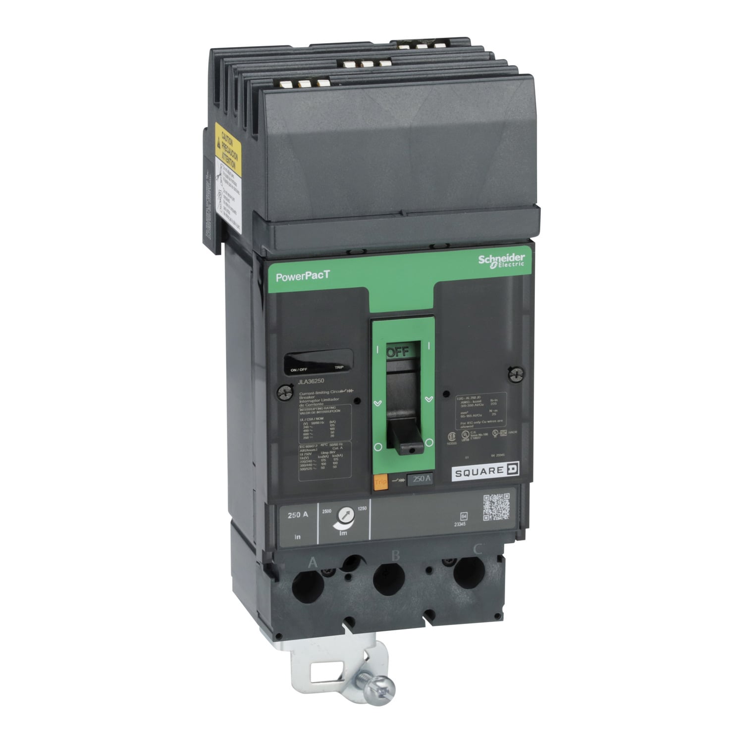 Circuit breaker, PowerPacT J, 250A, 3 pole, 600VAC, 50kA, I-Line, thermal magnetic, 80%, ABC