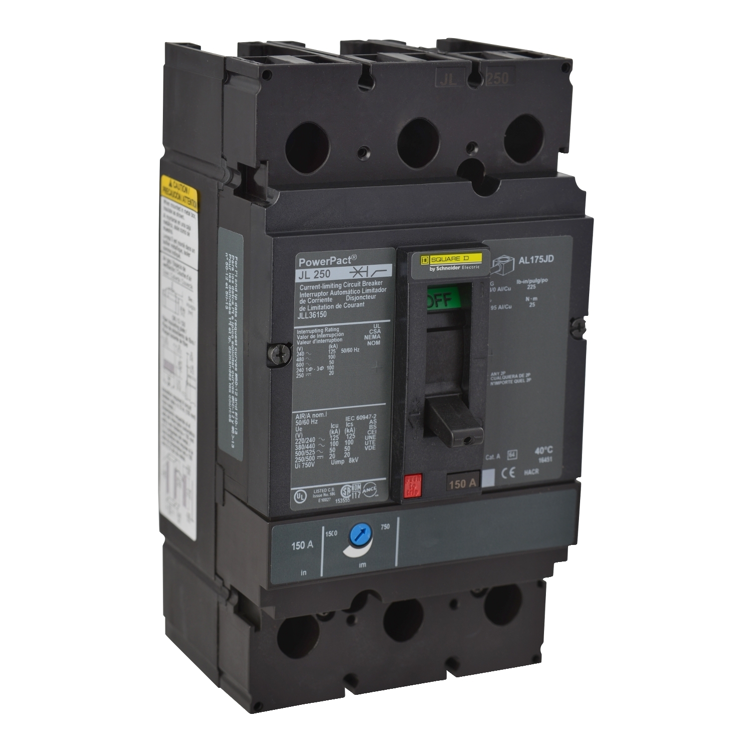Circuit breaker, PowerPacT J, 175A, 3 pole, 600VAC, 50kA, lugs, thermal magnetic, 80%