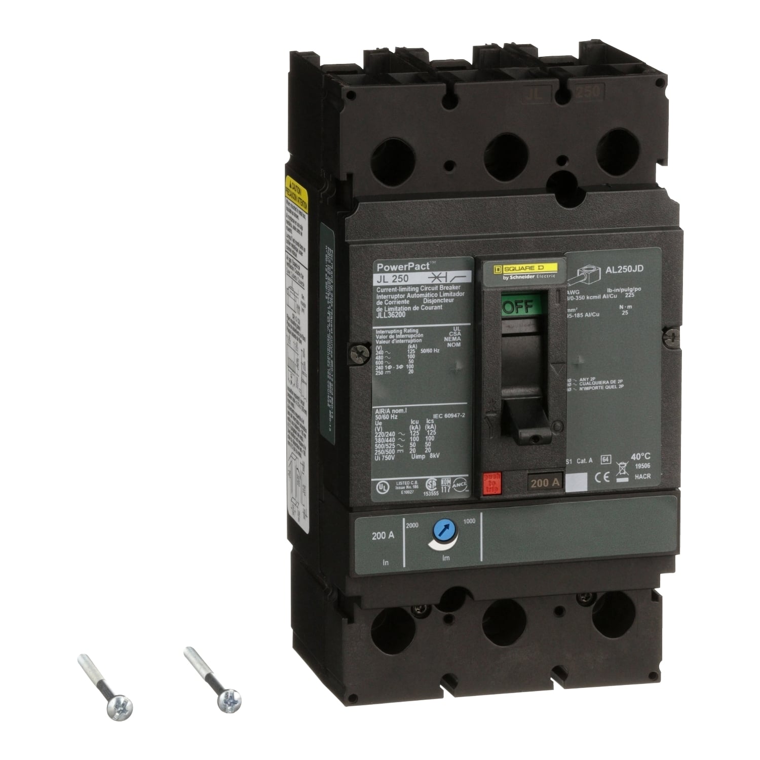 Circuit breaker, PowerPacT J, 200A, 3 pole, 600VAC, 50kA, lugs, thermal magnetic, 80%