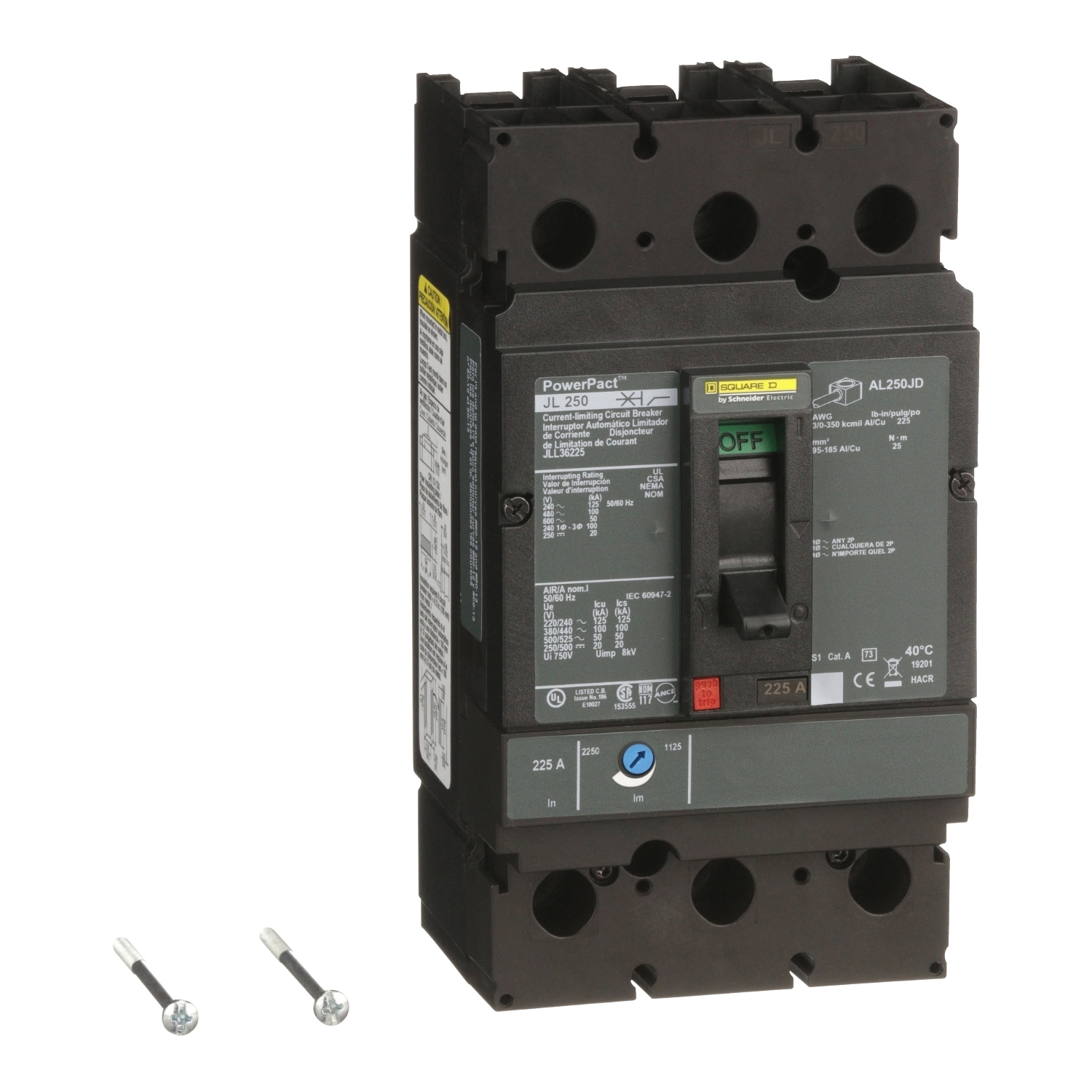 Circuit breaker, PowerPacT J, 225A, 3 pole, 600VAC, 50kA, lugs, thermal magnetic, 80%