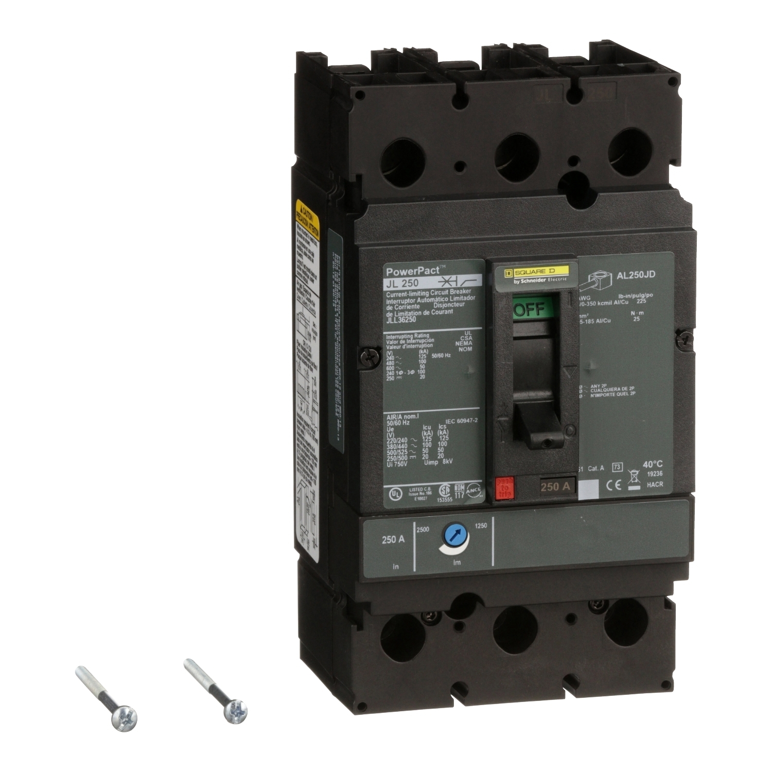 Circuit breaker, PowerPacT J, 250A, 3 pole, 600VAC, 50kA, lugs, thermal magnetic, 80%