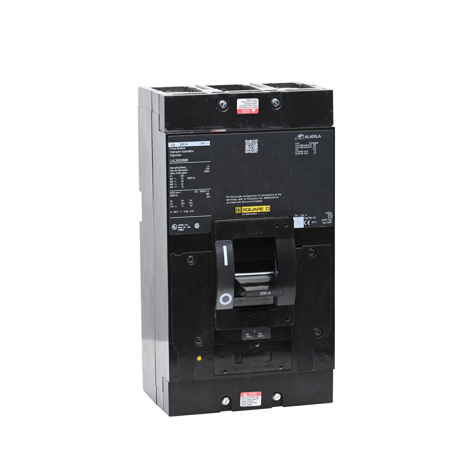 Circuit breaker, LA, 200A, 2 pole, 600VAC, 22kA, 250VDC, 10kA, lugs, thermal magnetic, short handle