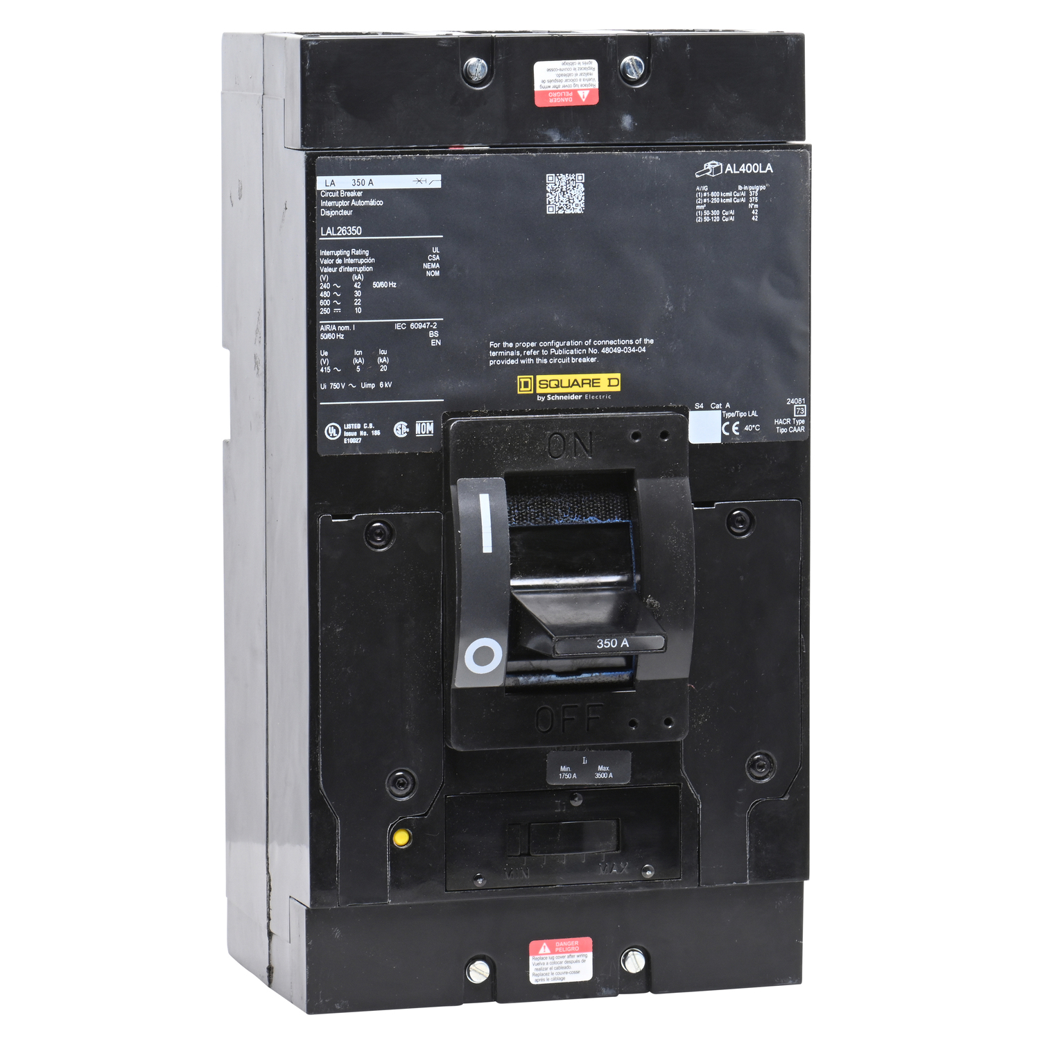 Circuit breaker, LA, 350A, 2 pole, 600VAC, 22kA, 250VDC, 10kA, lugs, thermal magnetic