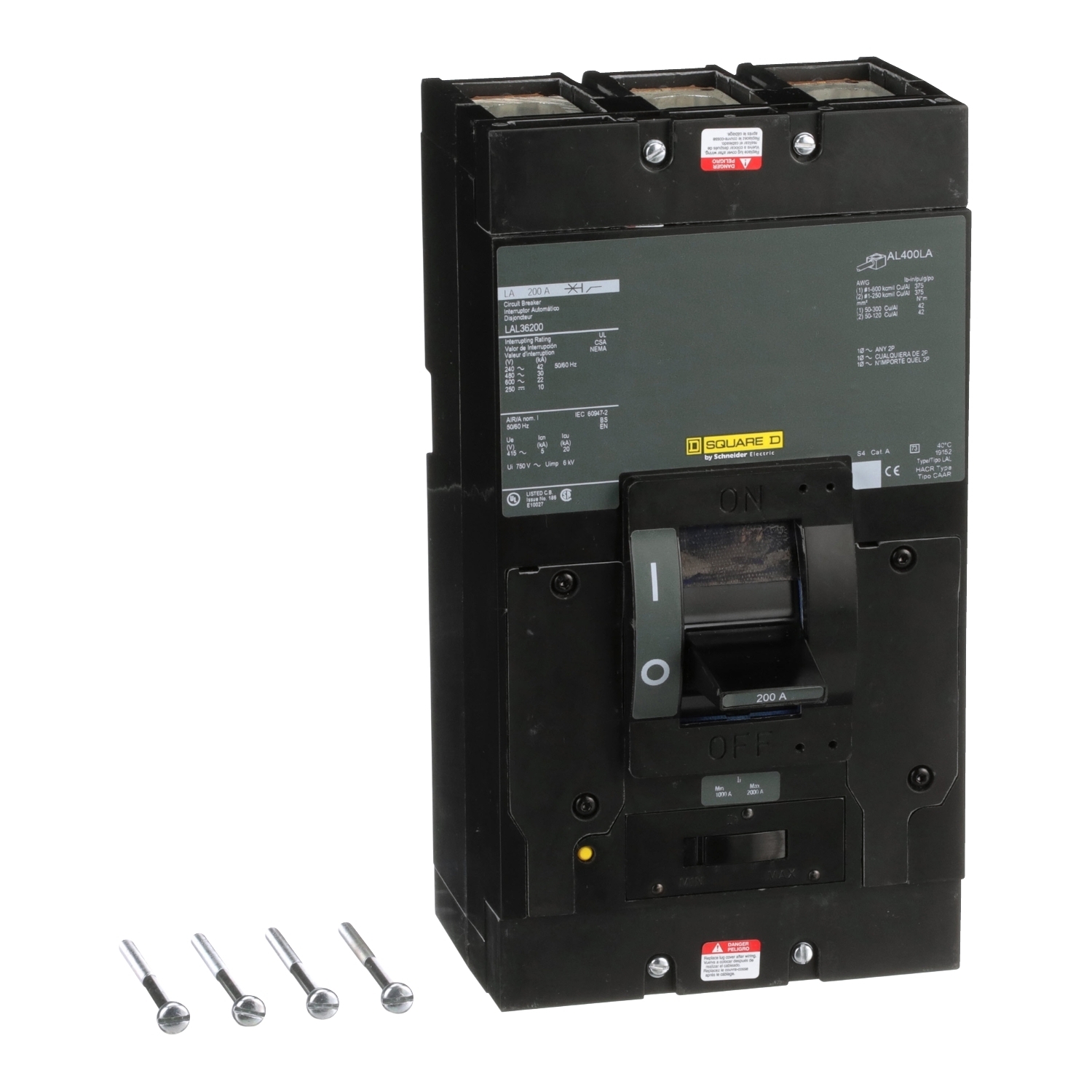 Circuit breaker, LA, 200A, 3 pole, 600VAC, 22kA, 250VDC, 10kA, lugs, thermal magnetic