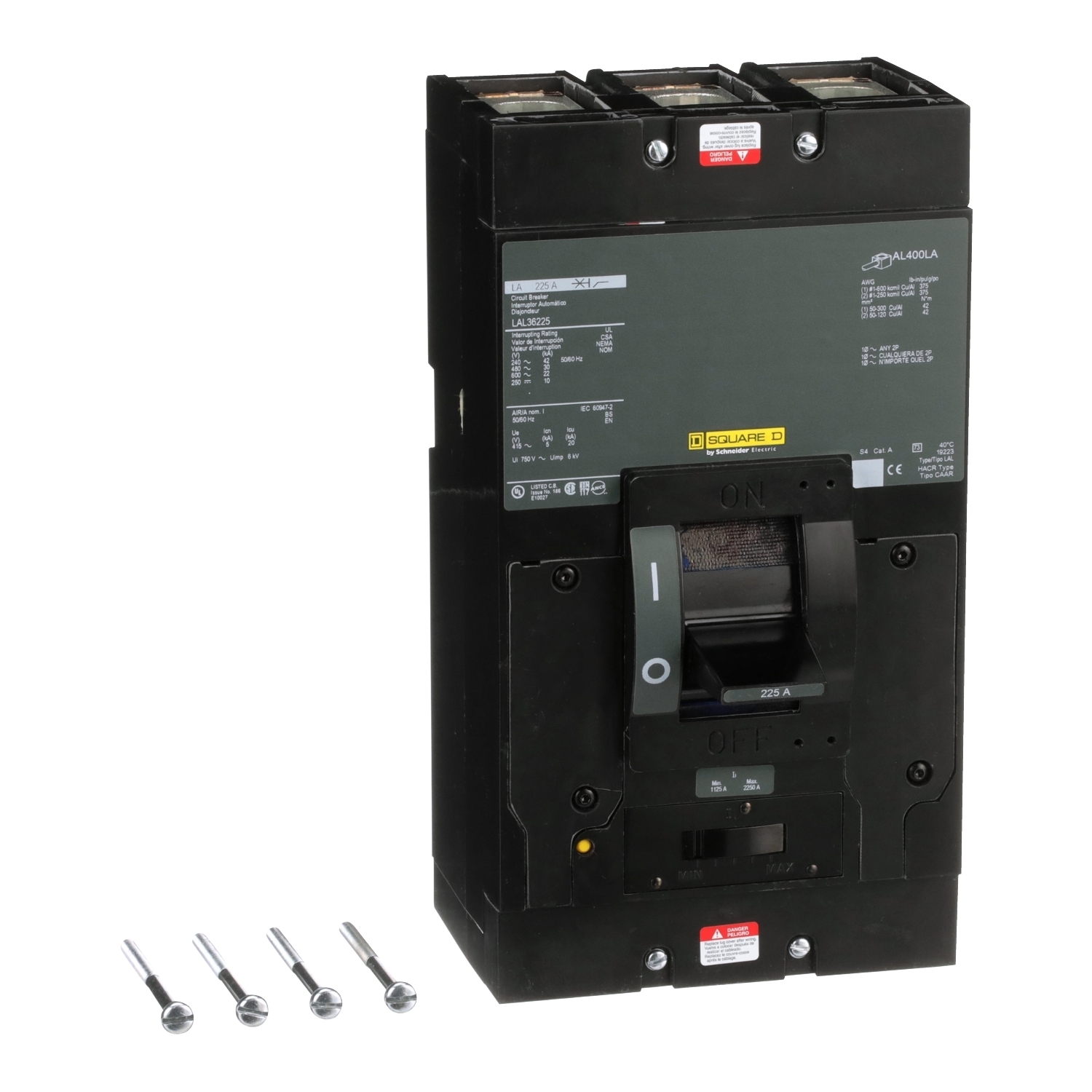 Circuit breaker, LA, 225A, 3 pole, 600VAC, 22kA, 250VDC, 10kA, lugs, thermal magnetic