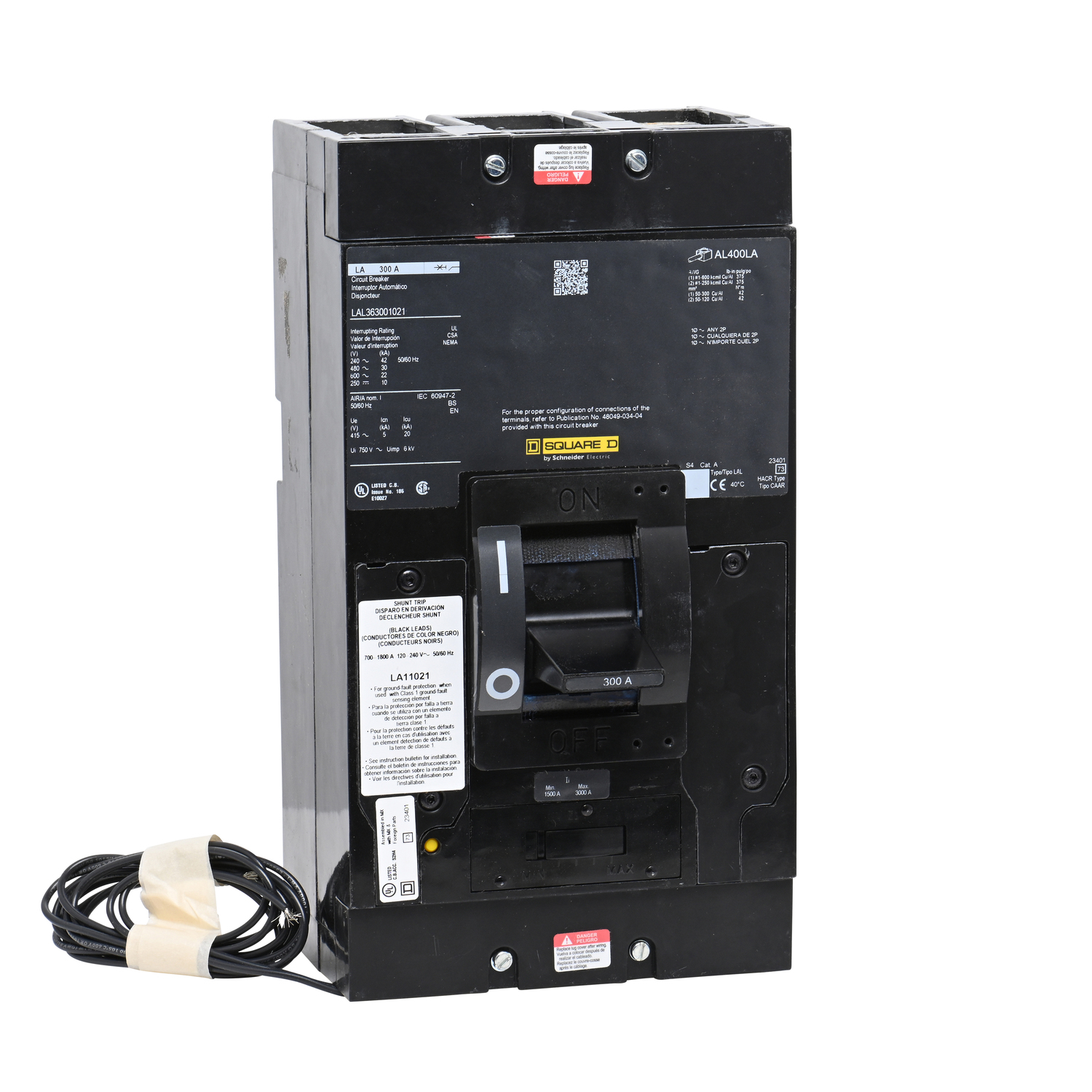 Circuit breaker, LA, 300A, 3 pole, 600VAC, 22kA, 250VDC, 10kA, lugs, thermal magnetic, shunt trip
