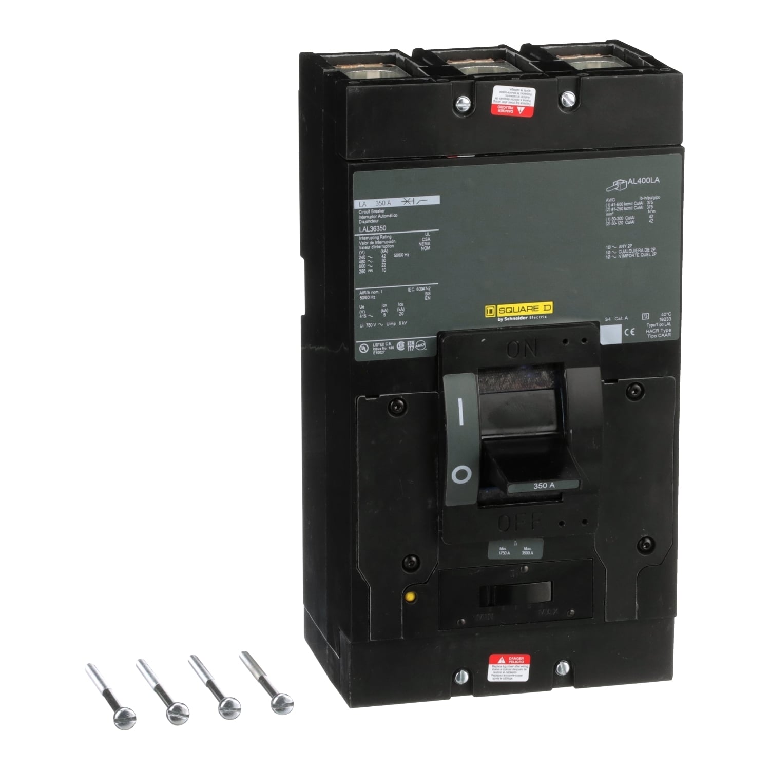 Circuit breaker, LA, 350A, 3 pole, 600VAC, 22kA, 250VDC, 10kA, lugs, thermal magnetic