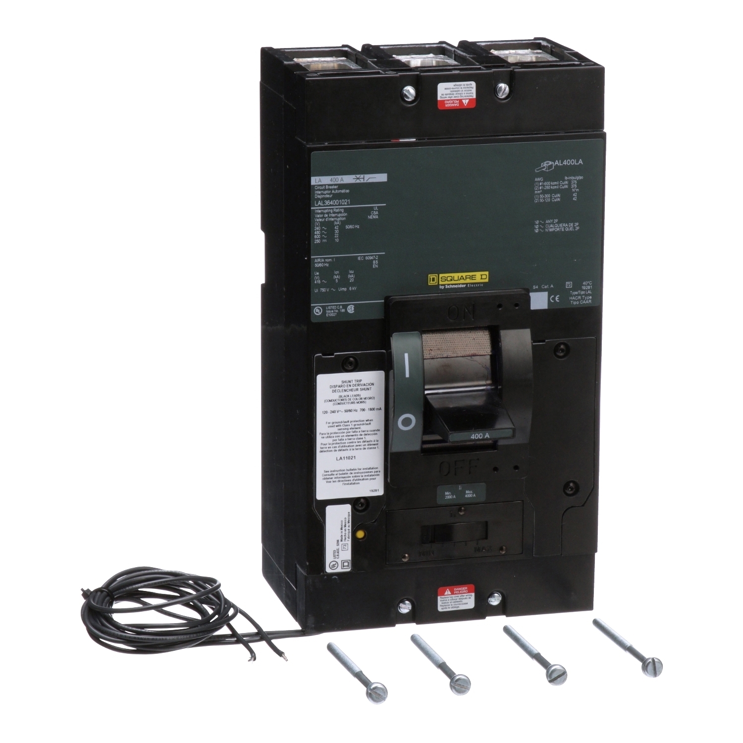 Circuit breaker, LA, 400A, 3 pole, 600VAC, 22kA, 250VDC, 10kA, lugs, thermal magnetic, shunt trip