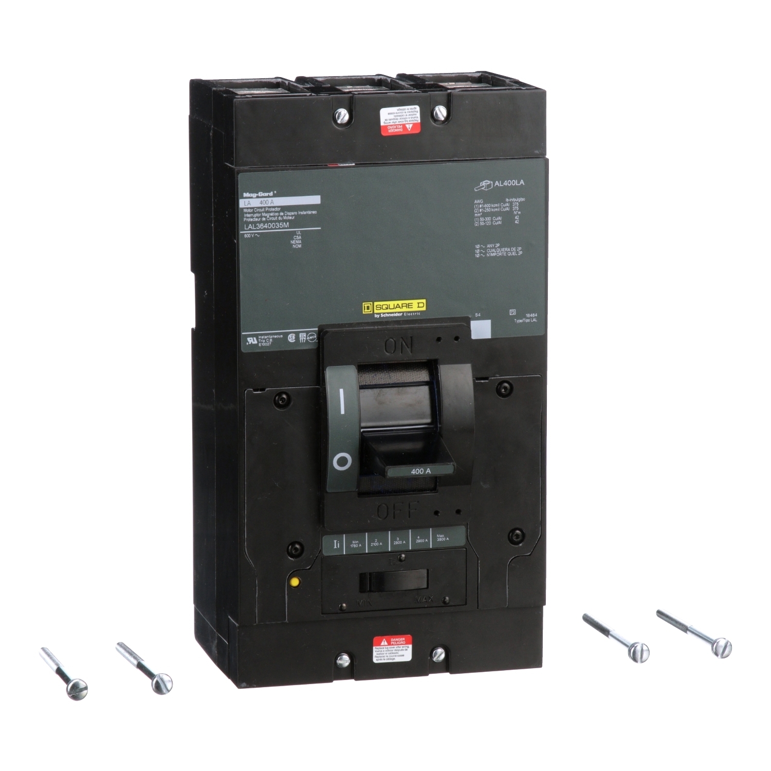 Motor circuit protector, LA, 400A, 3 pole, 600VAC, 22kA, 250VDC, 10kA, lugs, magnetic