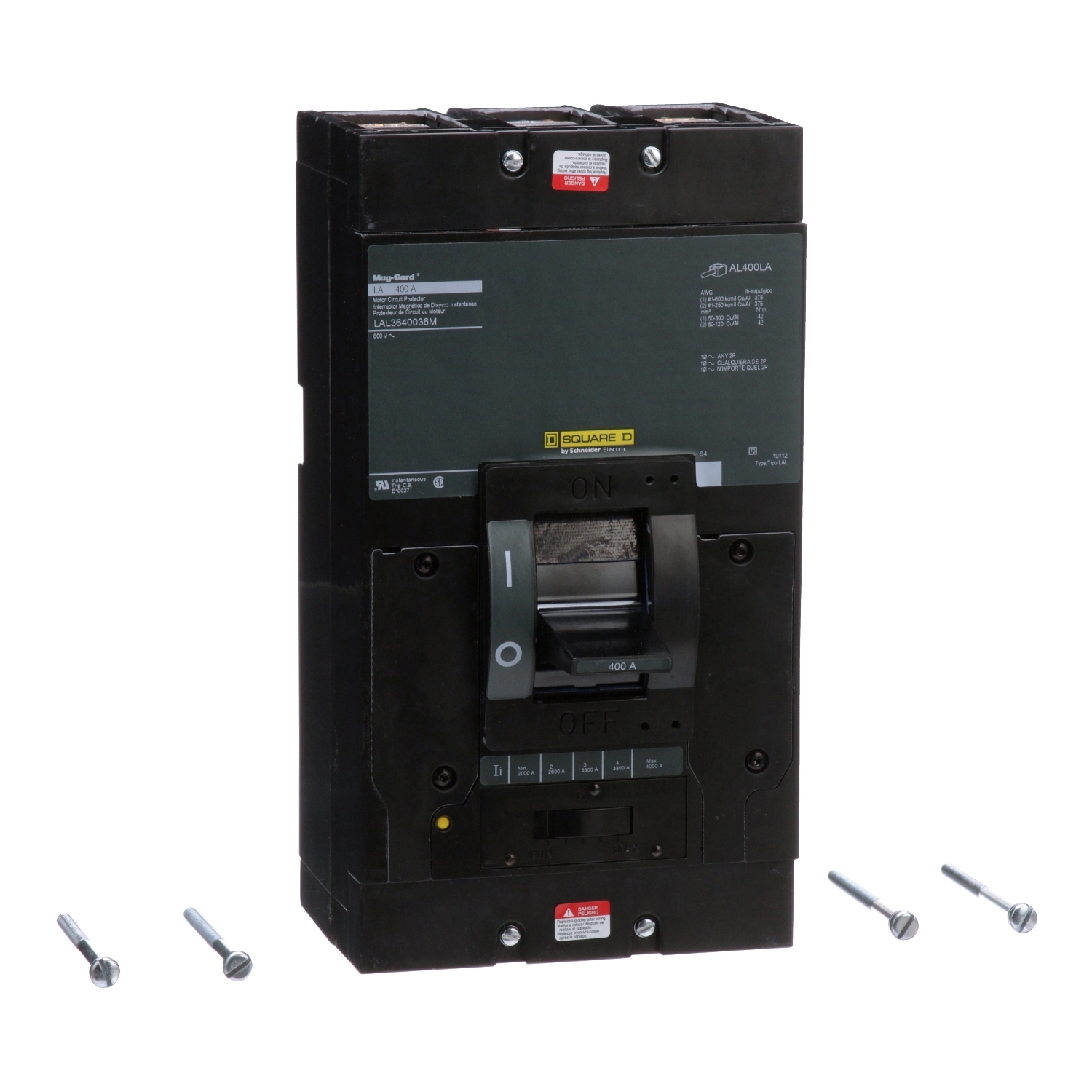 Motor circuit protector, LA, 400A, 3 pole, 600VAC, 22kA, 250VDC, 10kA, lugs, magnetic