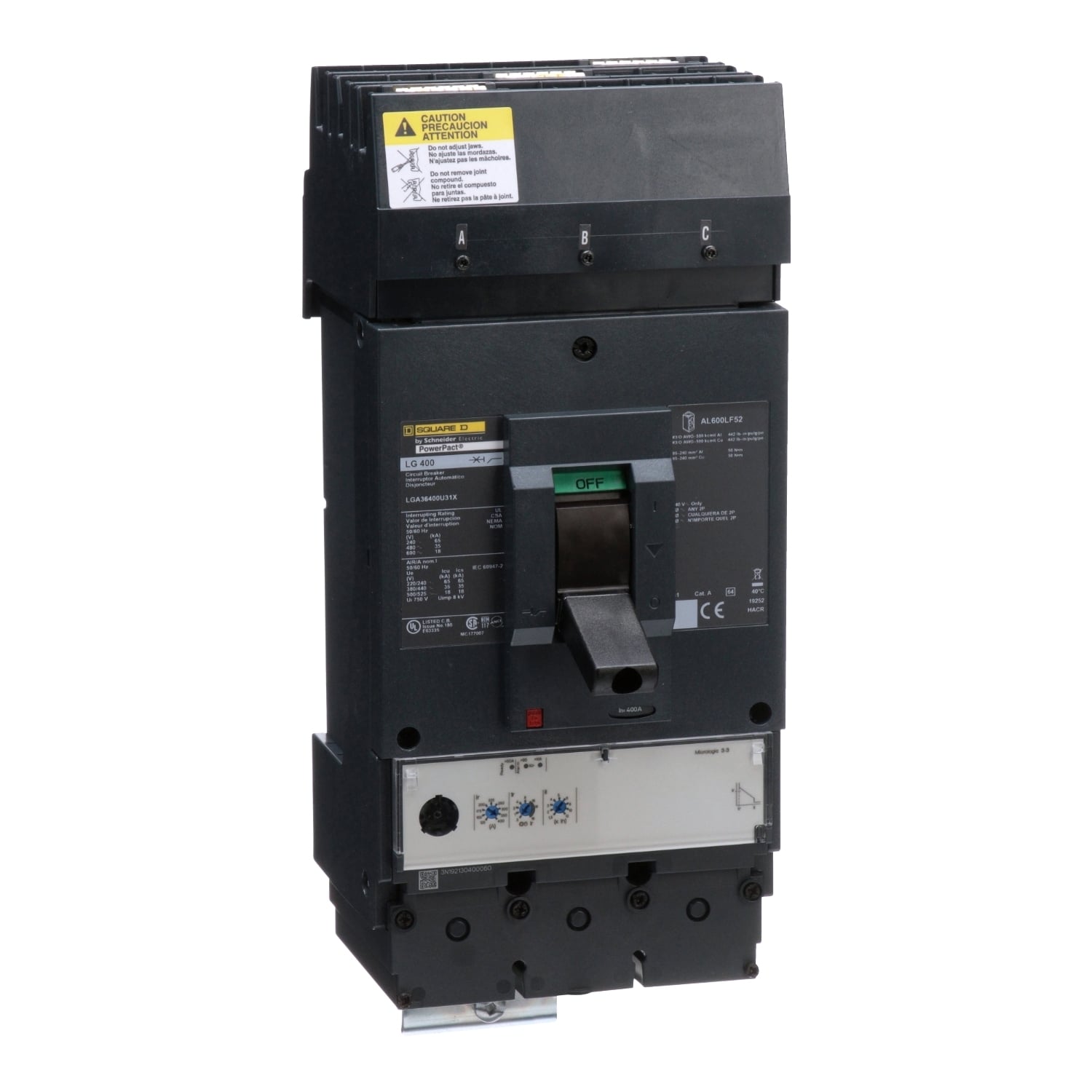 Circuit breaker, PowerPacT L, 400A, 3 pole, 600VAC, 18kA, I-Line, Micrologic 3.3, 80%, ABC