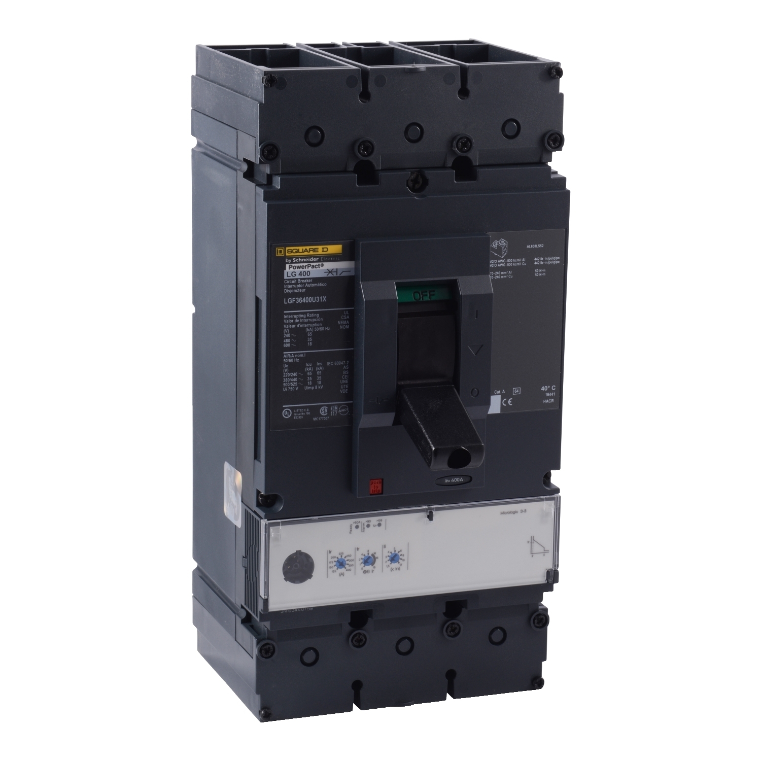 Circuit breaker, PowerPacT L, 400A, 3 pole, 600VAC, 18kA, busbar, MicroLogic 3.3, 80%