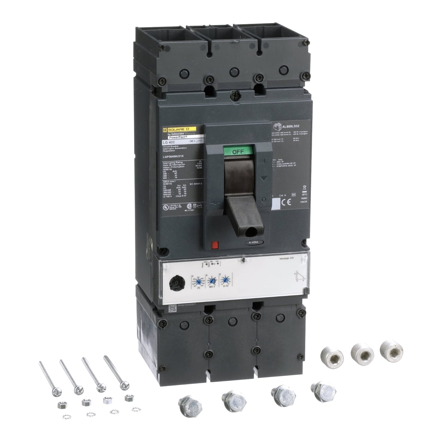 Circuit breaker, PowerPacT L, 400A, 3 pole, 600VAC, 18kA, lugs, MicroLogic 3.3, 80%