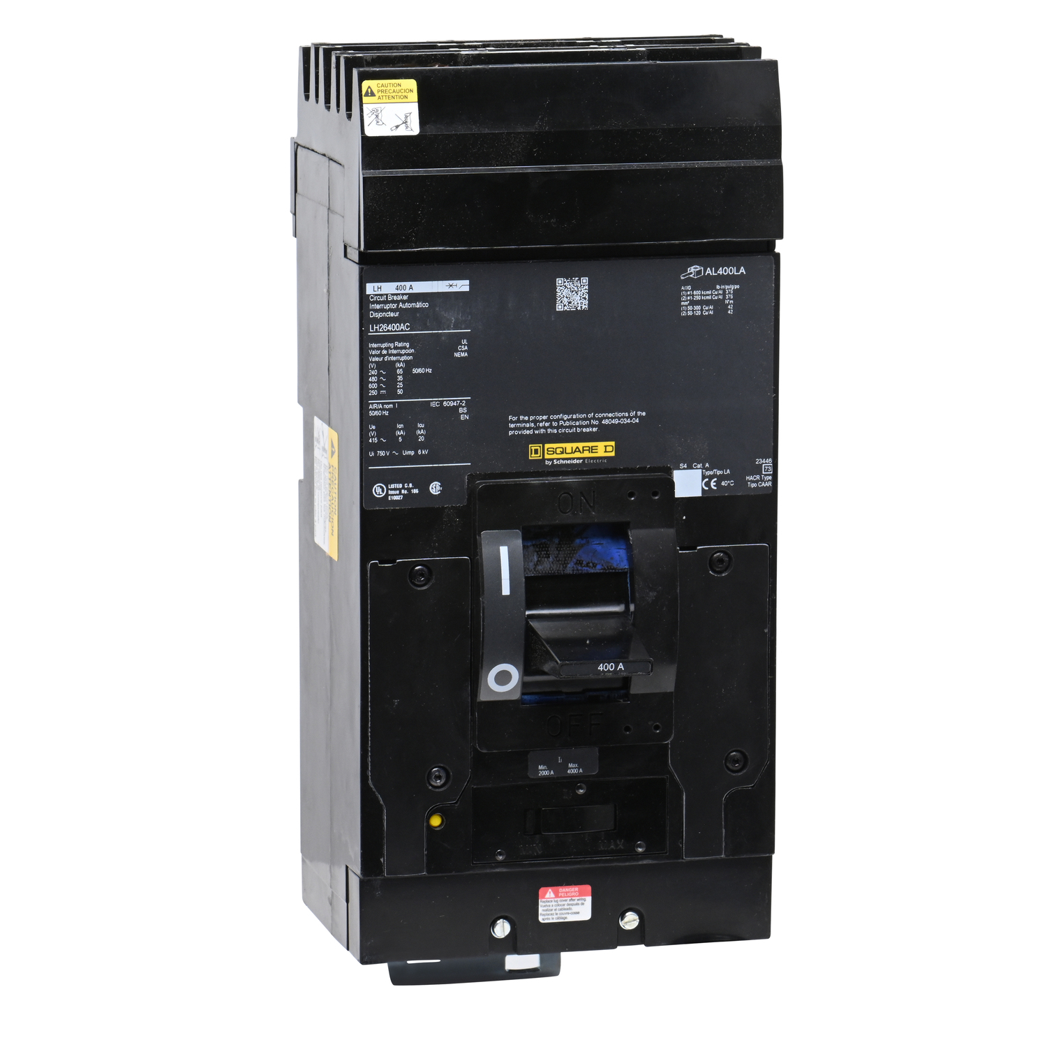 Circuit breaker, LH, 400A, 2 pole, 600VAC, 25kA, 250VDC, 50kA, I-Line, thermal magnetic, phase AC