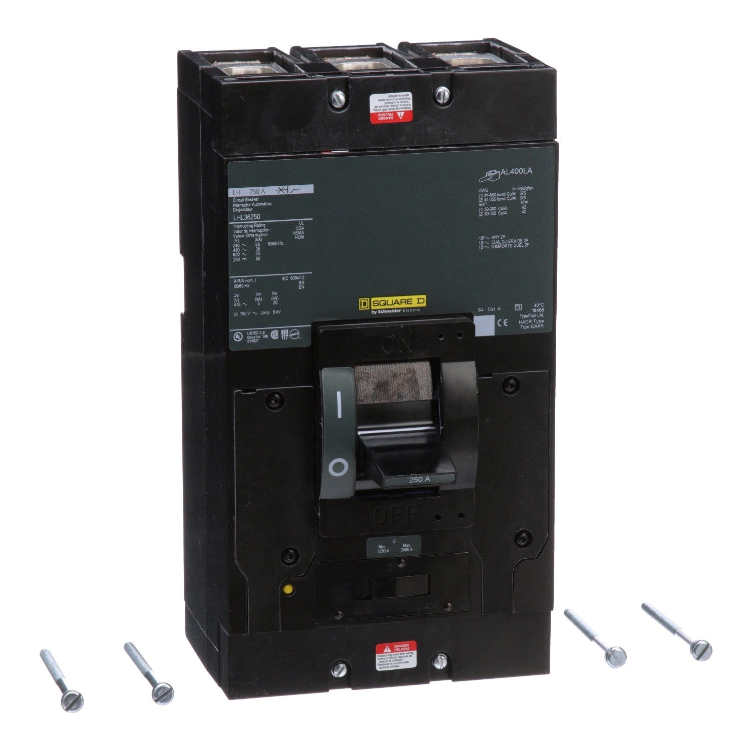 Circuit breaker, LH, 250A, 3 pole, 600VAC, 25kA, 250VDC, 50kA, lugs, thermal magnetic