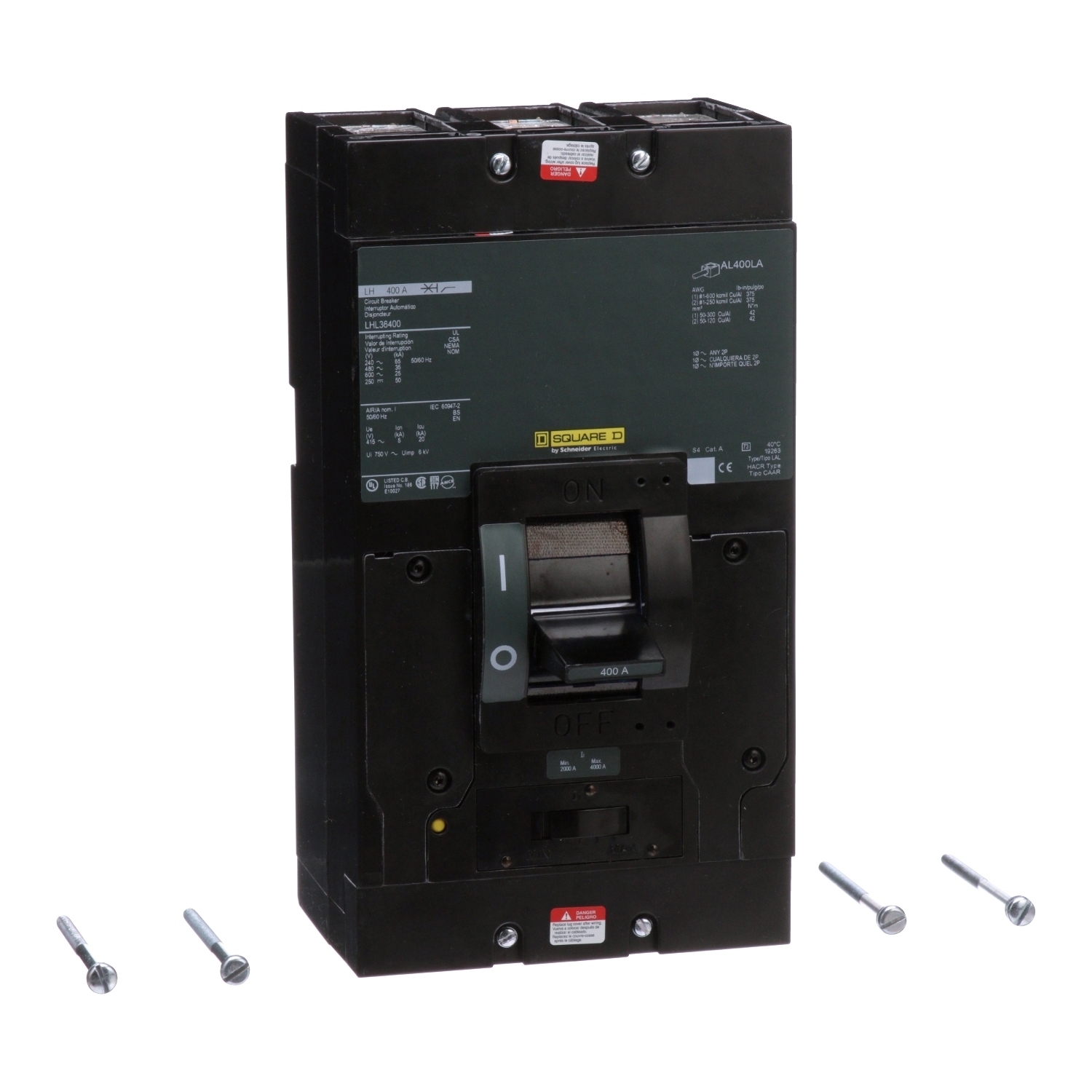 Circuit breaker, LH, 400A, 3 pole, 600VAC, 25kA, 250VDC, 50kA, lugs, thermal magnetic