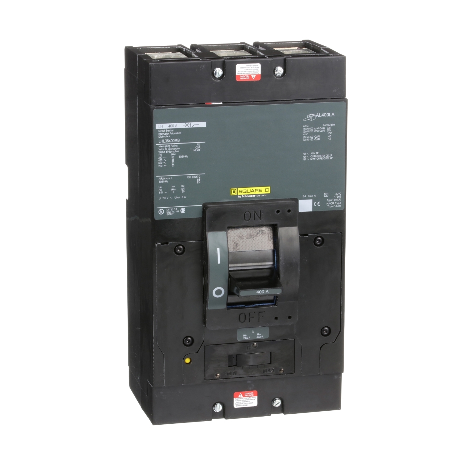 Circuit breaker, LH, 400A, 3 pole, 600VAC, 25kA, 250VDC, 50kA, lugs, thermal magnetic, short handle