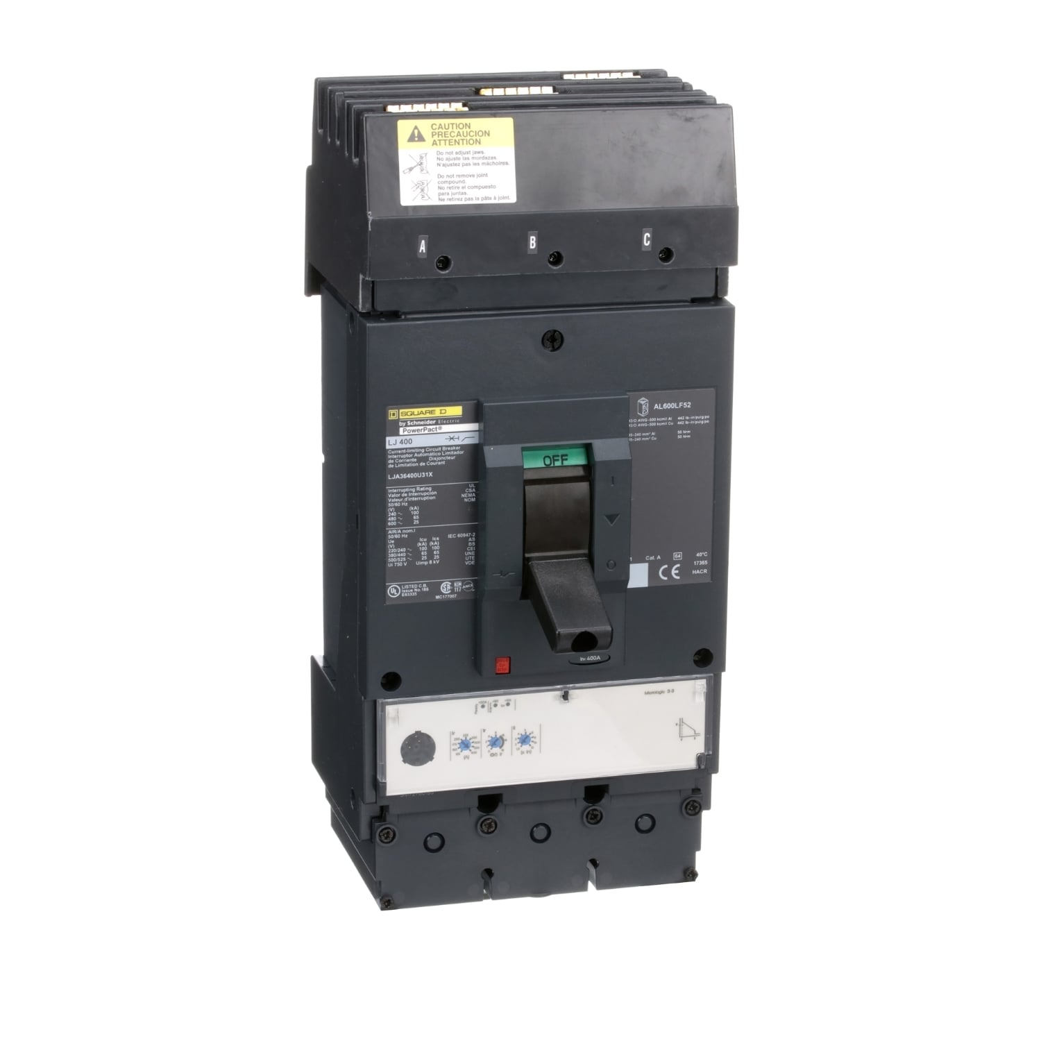 Circuit breaker, PowerPacT L, 400A, 3 pole, 600VAC, 25kA, I-Line, MicroLogic 3.3, 80%, ABC