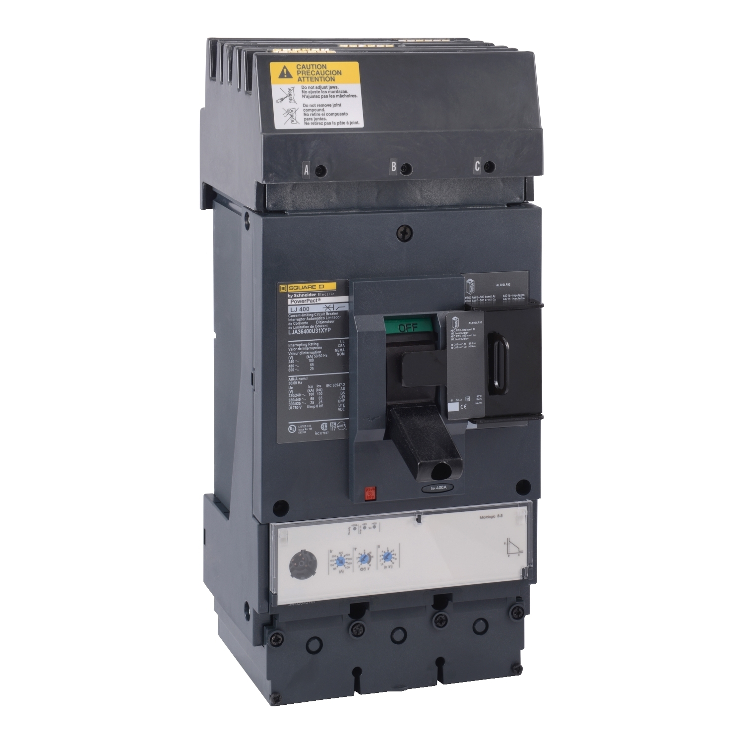 Circuit breaker, PowerPacT L, 400A, 3 pole, 600VAC, 25kA, I-Line, MicroLogic 3.3, 80%, ABC, padlock handle