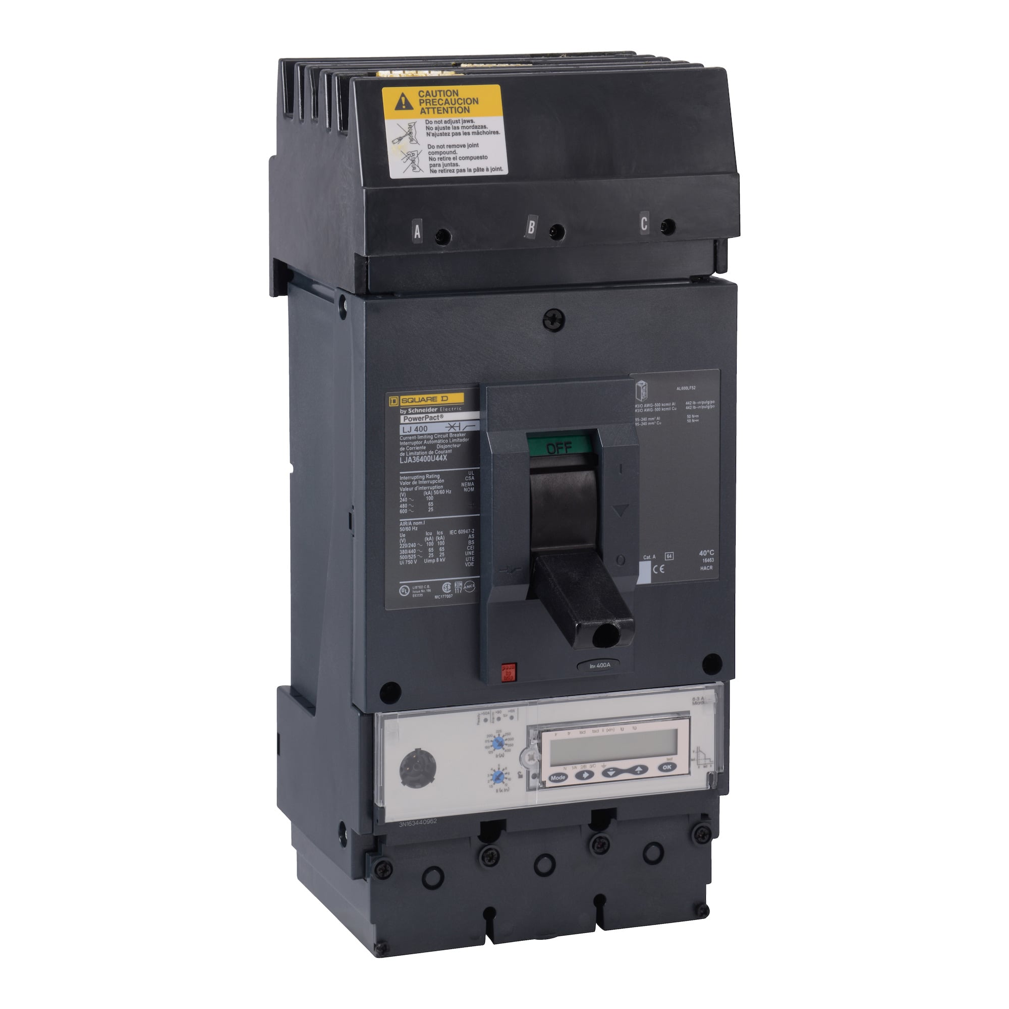 Circuit breaker, PowerPacT L, 400A, 3 pole, 600VAC, 25kA, I-Line, MicroLogic 6.3A, 80%, ABC