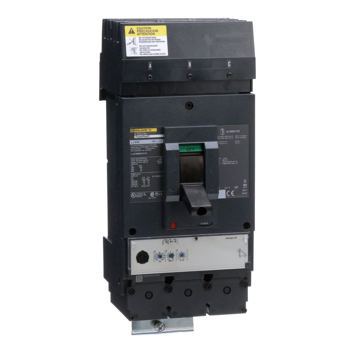 Circuit breaker, PowerPacT L, 600A, 3 pole, 600VAC, 25kA, I-Line, MicroLogic 3.3, 80%, ABC