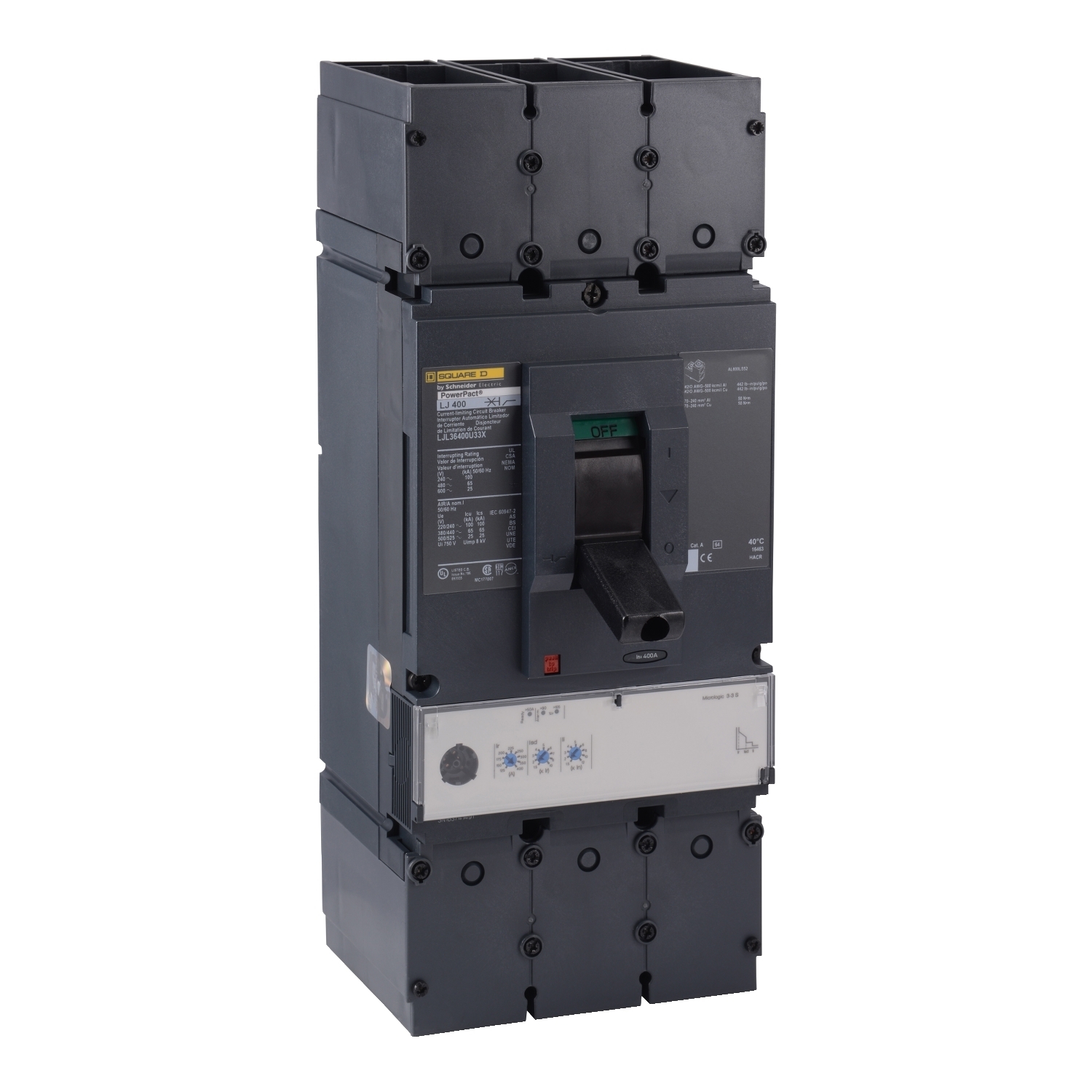 Circuit breaker, PowerPacT L, 400A, 3 pole, 600VAC, 25kA, lugs, MicroLogic 3.3S, 80%