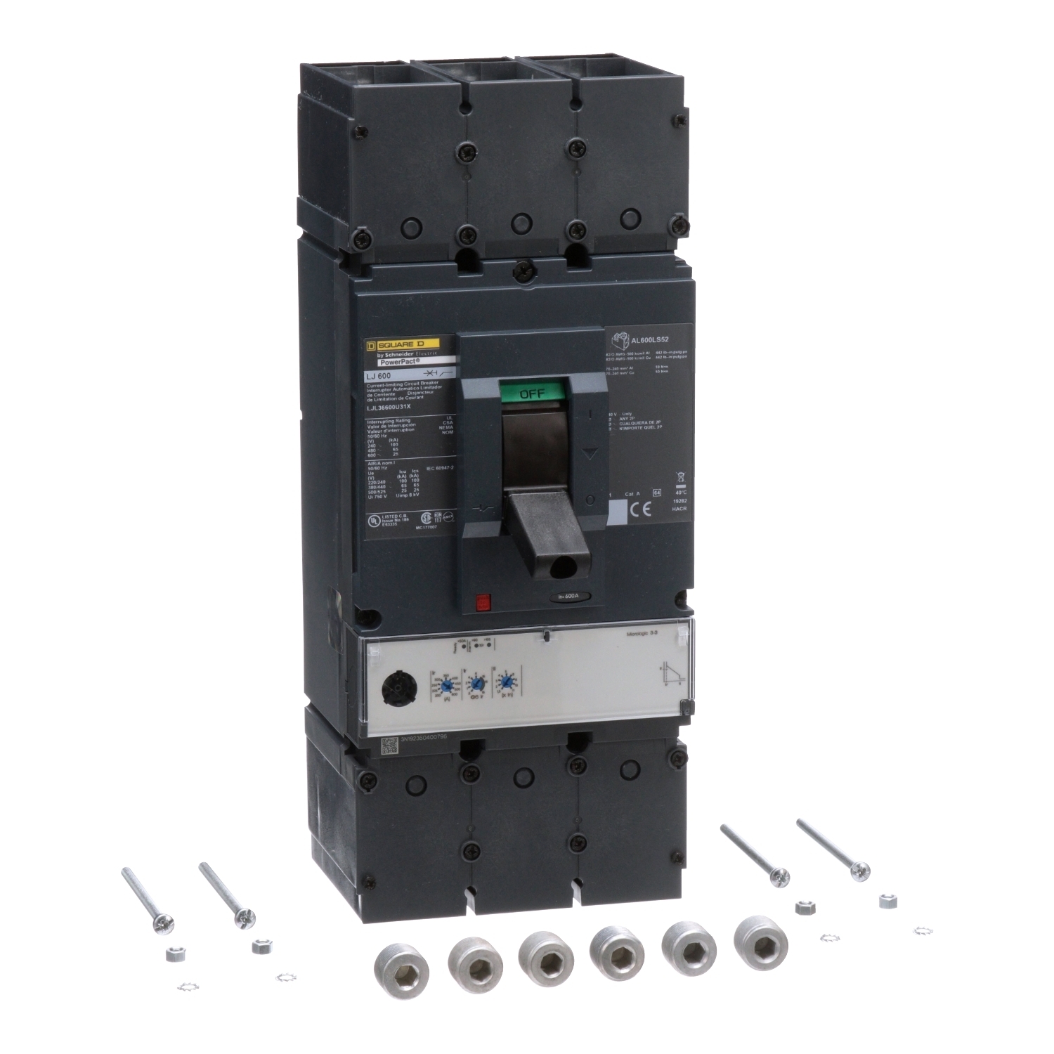 Circuit breaker, PowerPacT L, 600A, 3 pole, 600VAC, 25kA, lugs, MicroLogic 3.3, 80%