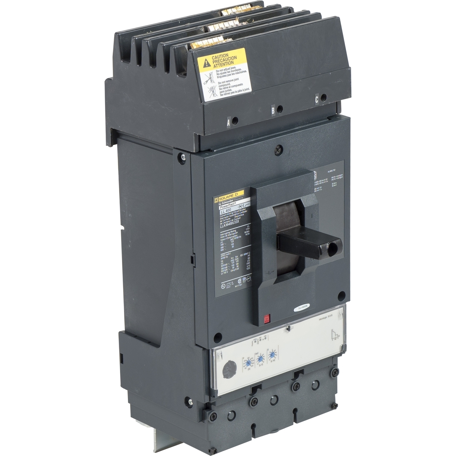 Circuit breaker, PowerPacT L, 400A, 3 pole, 600VAC, 50kA, I-Line, MicroLogic 3.3S, 80%, ABC