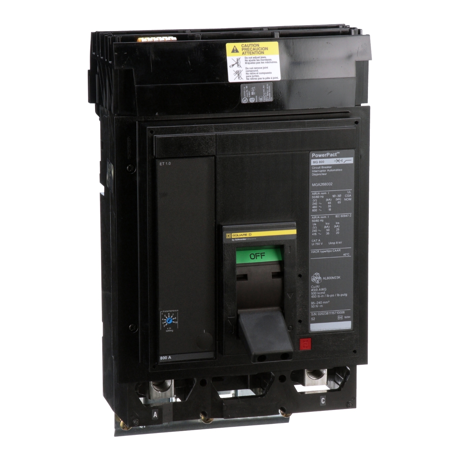 MGA268002 Molded Case Circuit Breaker, 800 Amp, 2 Pole, 600V