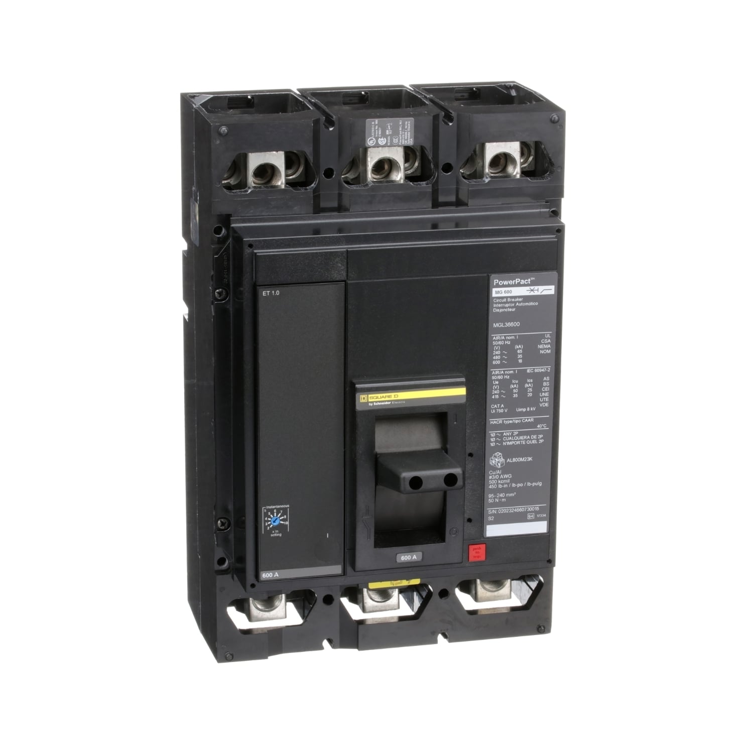 Circuit breaker, PowerPacT M, 600A, 3 pole, 600VAC, 18kA, lugs, ET 1.0, 80%