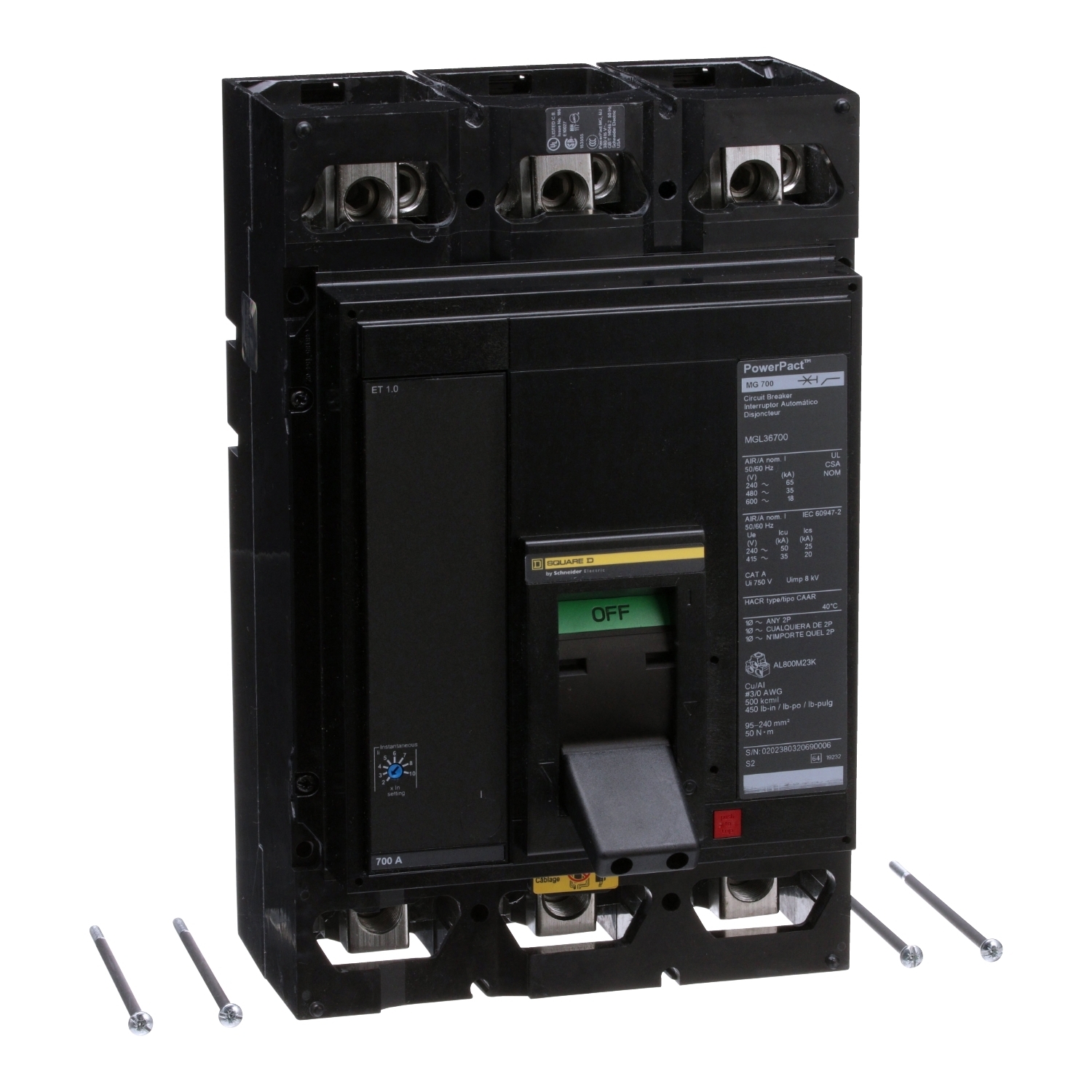 Circuit breaker, PowerPacT M, 700A, 3 pole, 600VAC, 18kA, lugs, ET 1.0, 80%