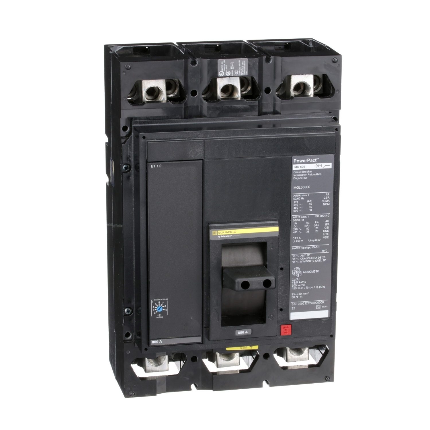Circuit breaker, PowerPacT M, 800A, 3 pole, 600VAC, 18kA, lugs, ET 1.0, 80%