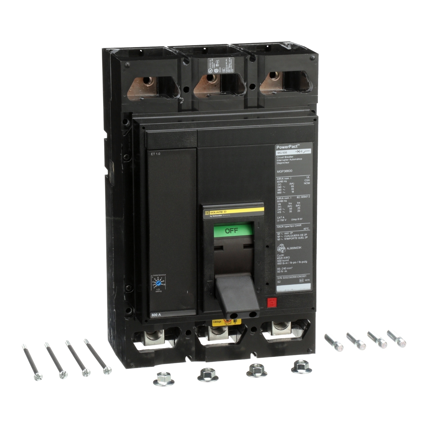 Circuit breaker, PowerPacT M, 600A, 3 pole, 600VAC, 18kA, lugs, ET 1.0, 80%