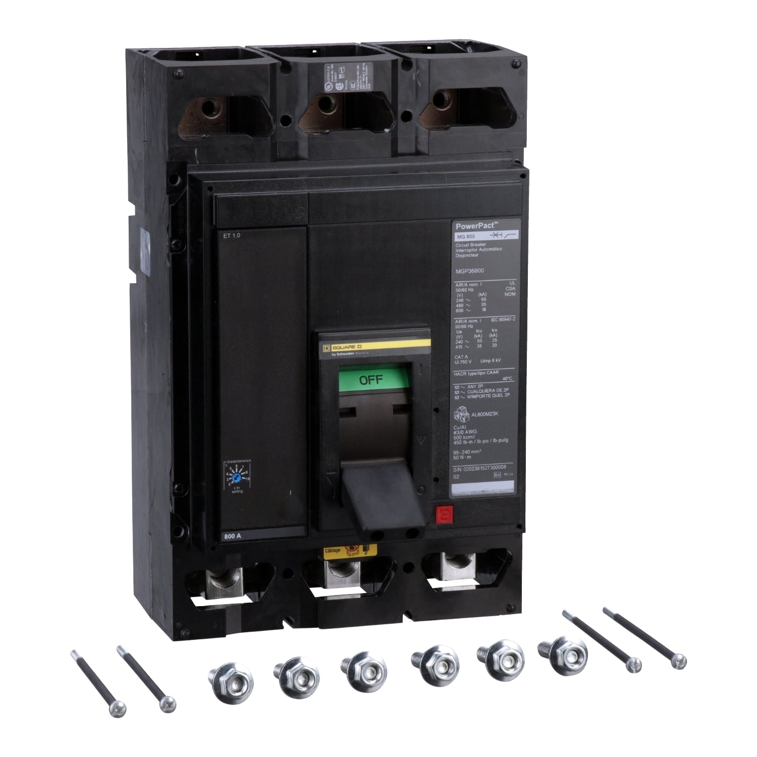 Circuit breaker, PowerPacT M, 800A, 3 pole, 600VAC, 18kA, lugs, ET 1.0, 80%