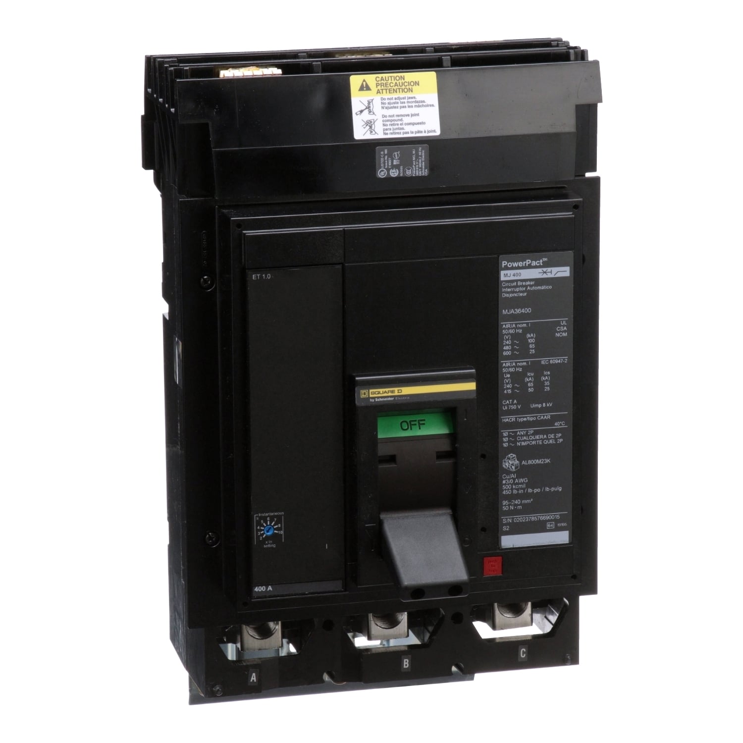 MJA36400 Molded Case Circuit Breaker, 400 Amp, 3 Pole, 600V
