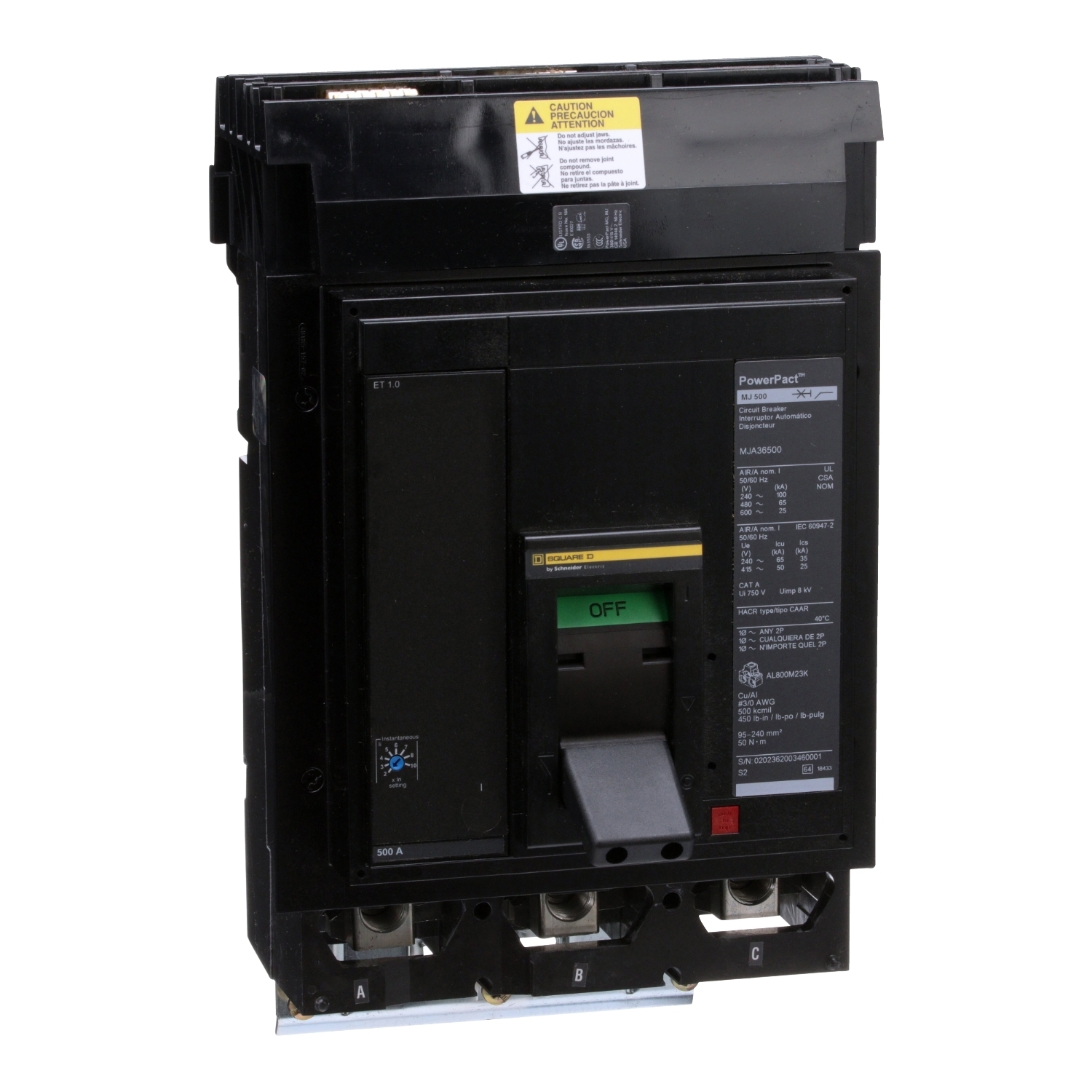 MJA36500 Molded Case Circuit Breaker, 500 Amp, 3 Pole, 600V