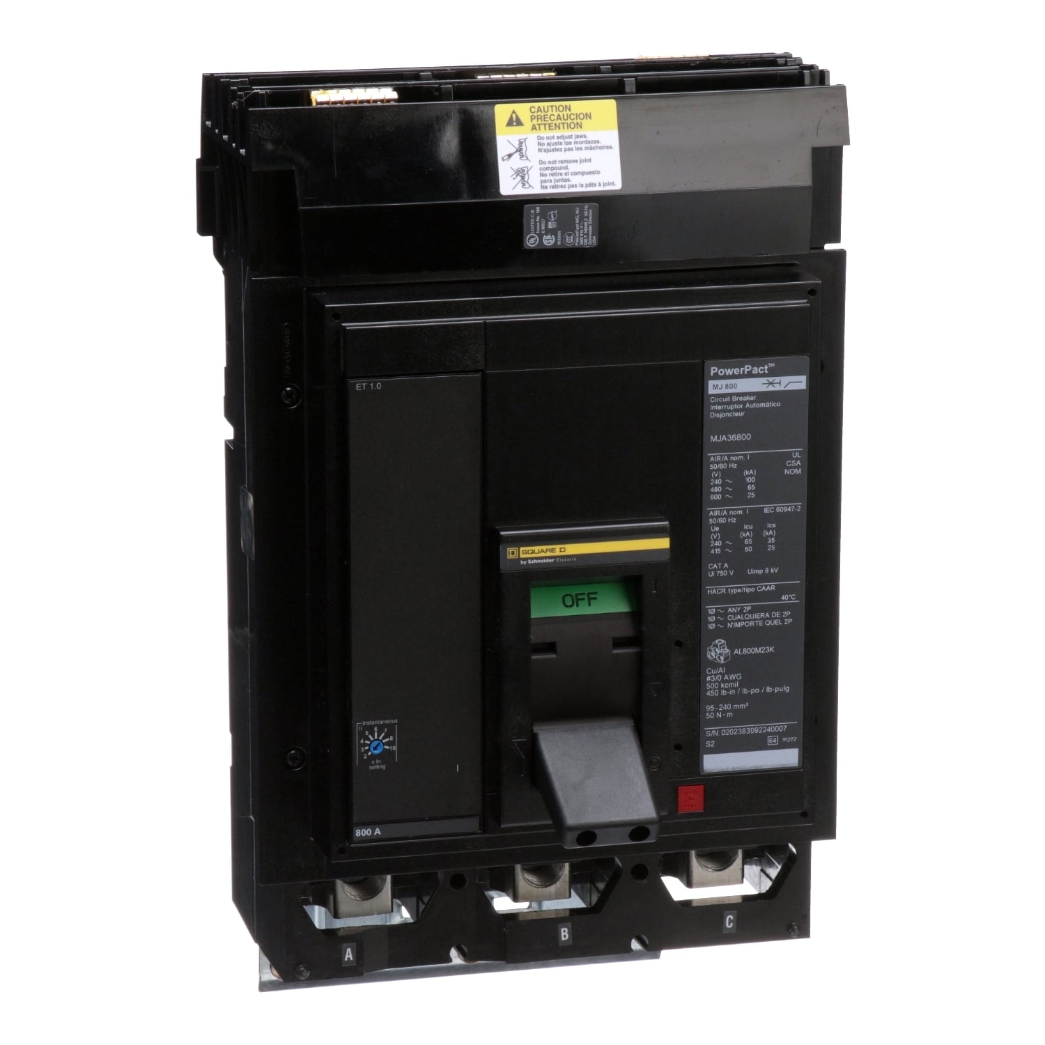 MJA36800 Molded Case Circuit Breaker, 800 Amp, 3 Pole, 600V